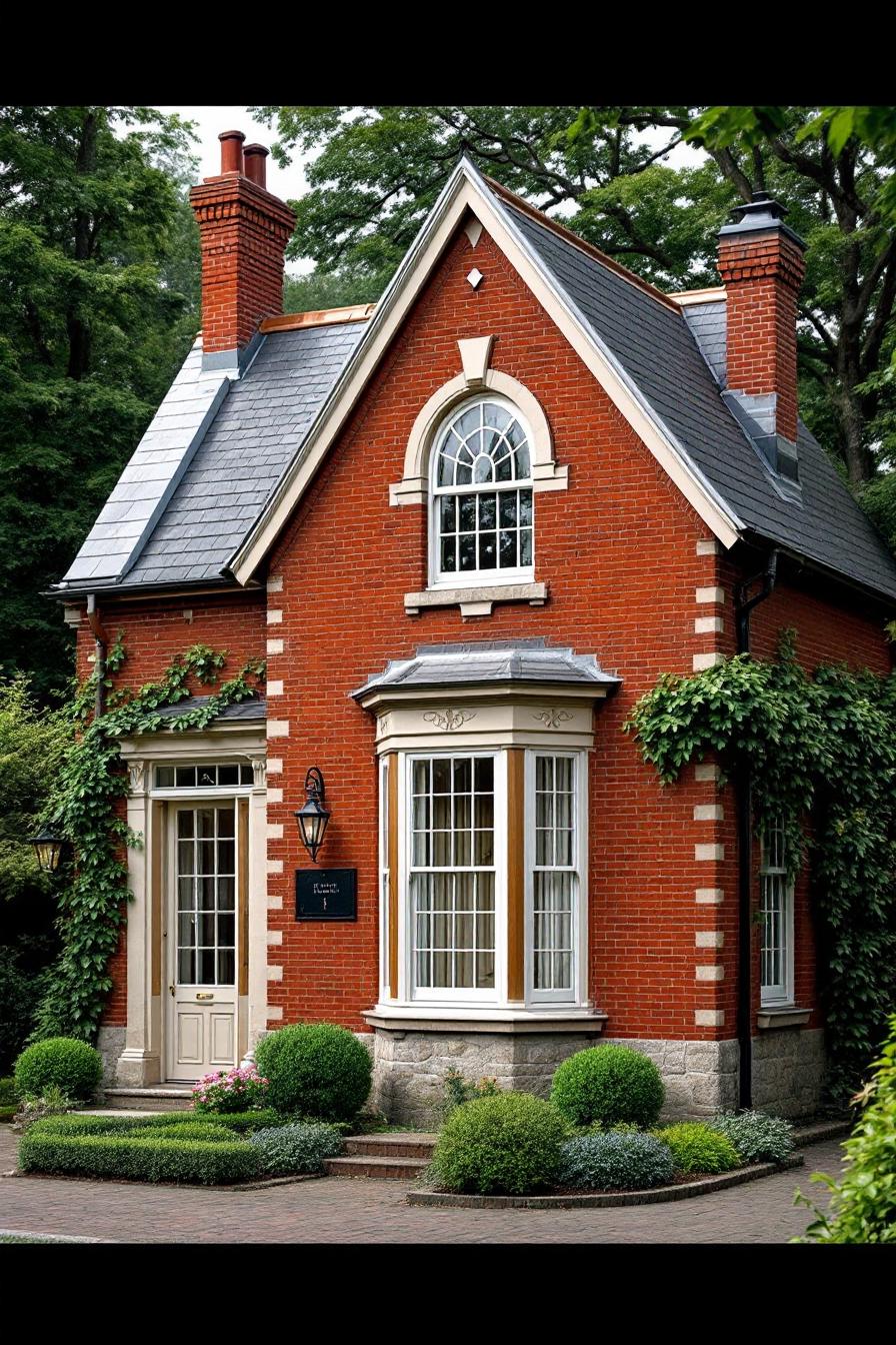 Classic red brick house with arched window, surrounded by greenery