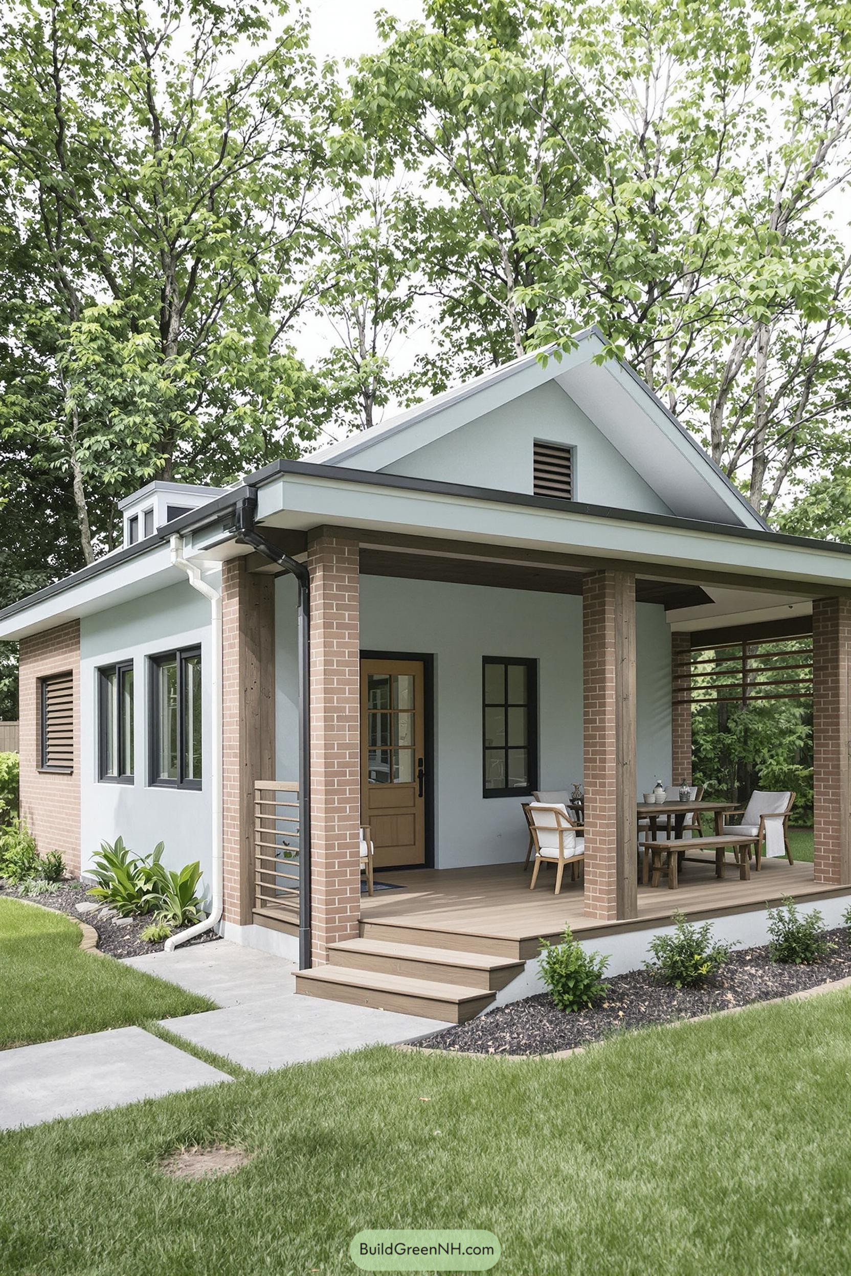 Small bungalow with a cozy porch and lush surroundings