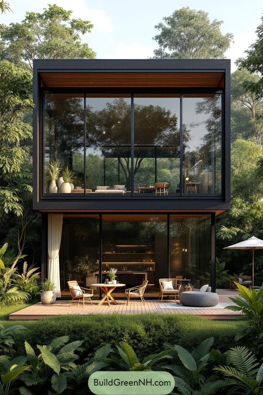 Two-story modern house with large glass windows in a lush tropical setting