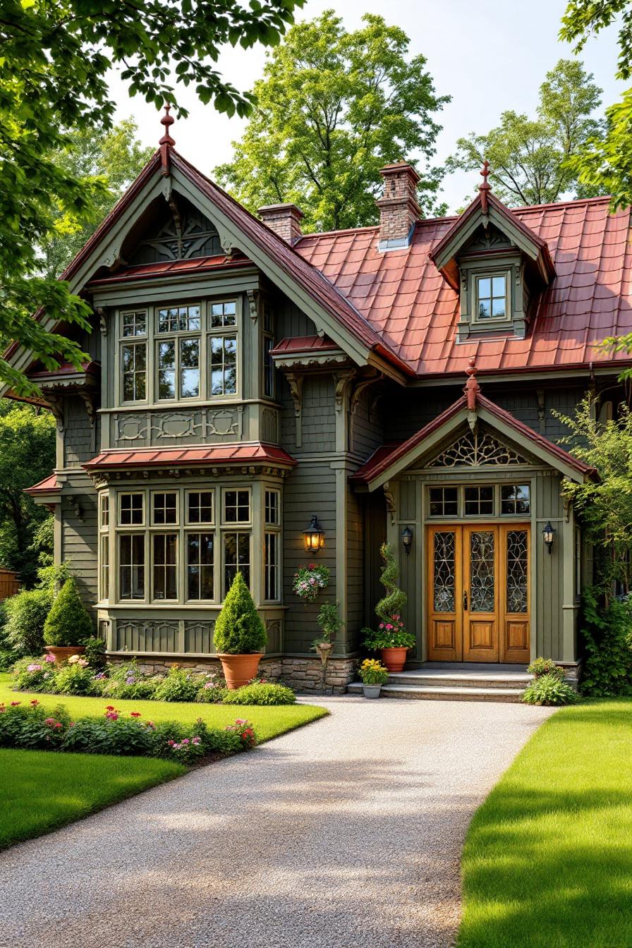 Charming wooden house with red roof amidst lush greenery