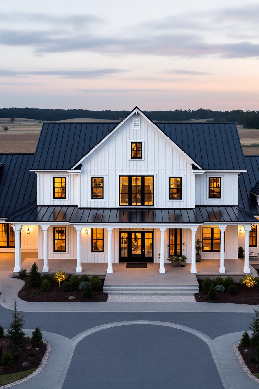White farmhouse with black roof at sunset, surrounded by fields