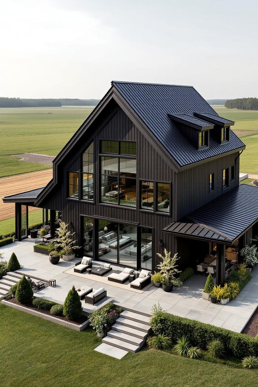 Modern barndominium with expansive windows and patio