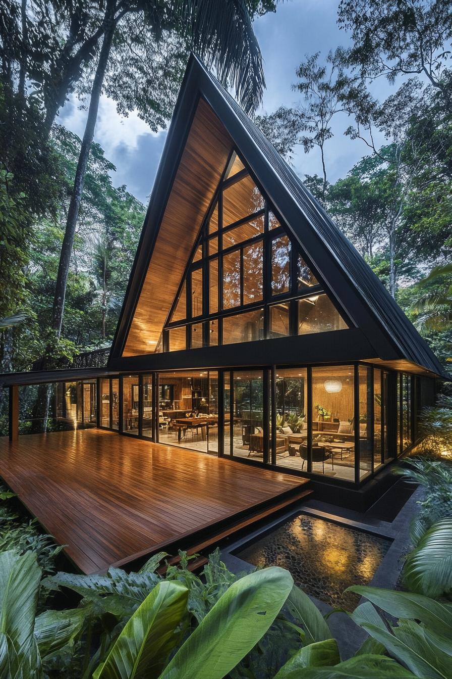 Glass-fronted A-frame cabin surrounded by lush greenery