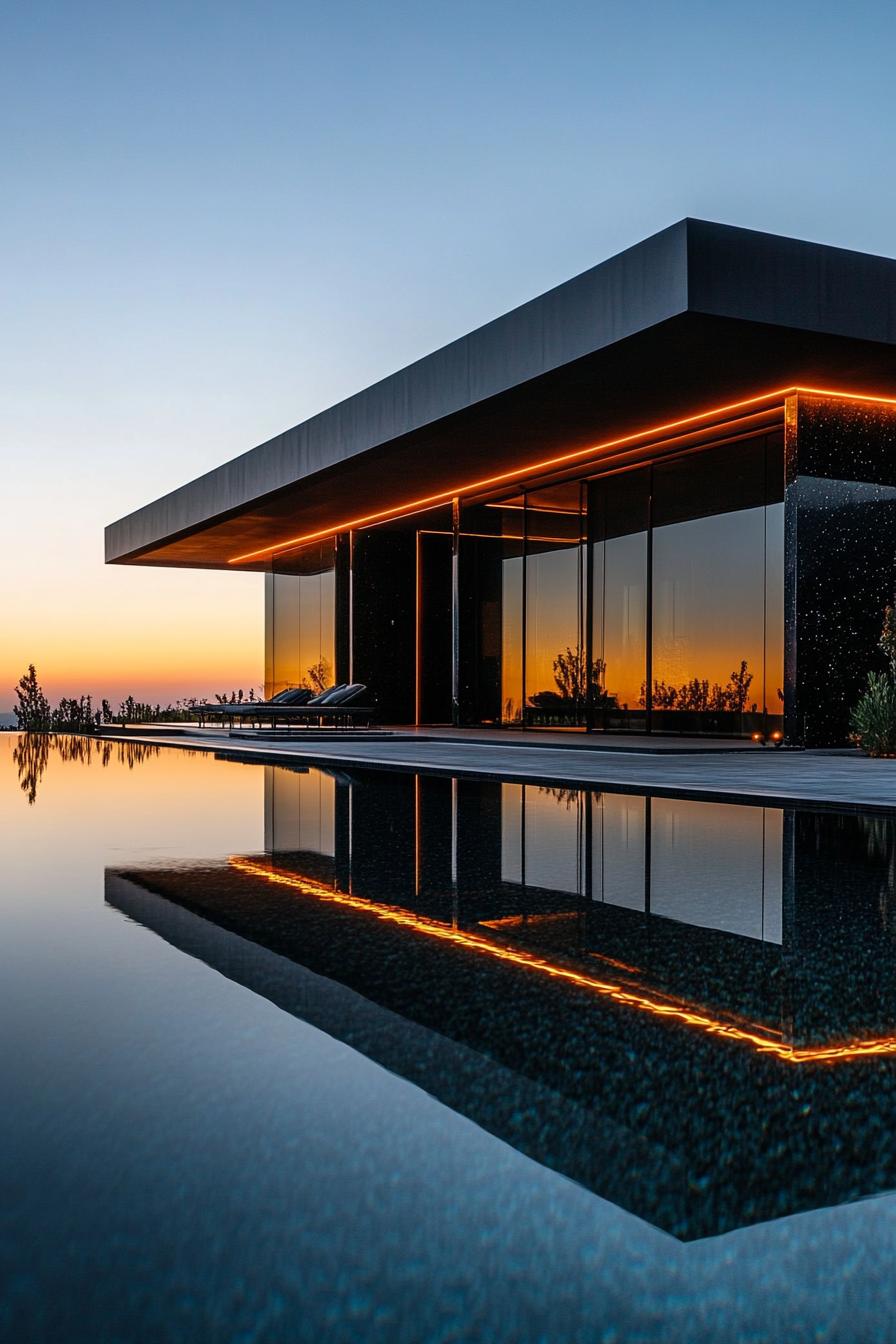Modern black house by an infinity pool, reflecting warm lights at sunset
