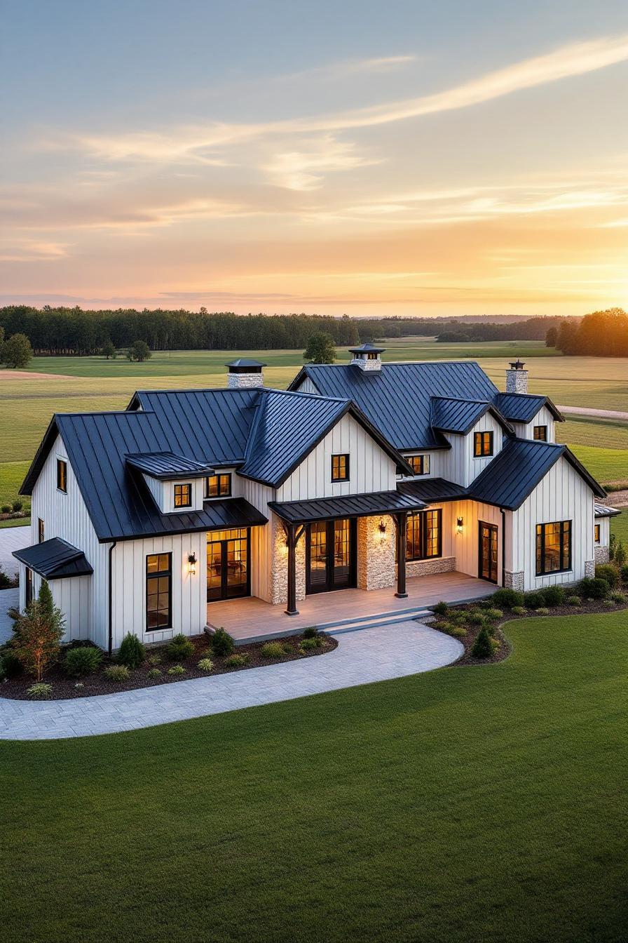 Modern farmhouse amid fields at dusk