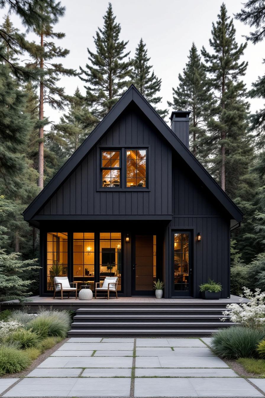 A-frame black cottage in a lush forest setting