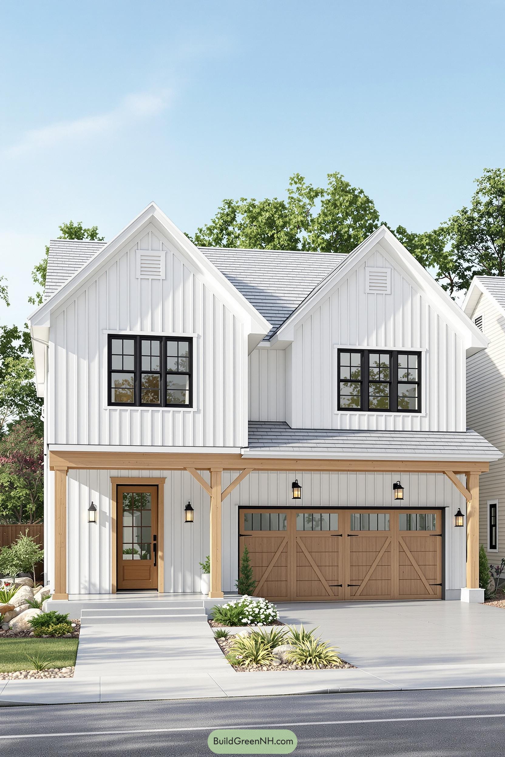 Two-story white farmhouse with wooden elements and lush surroundings