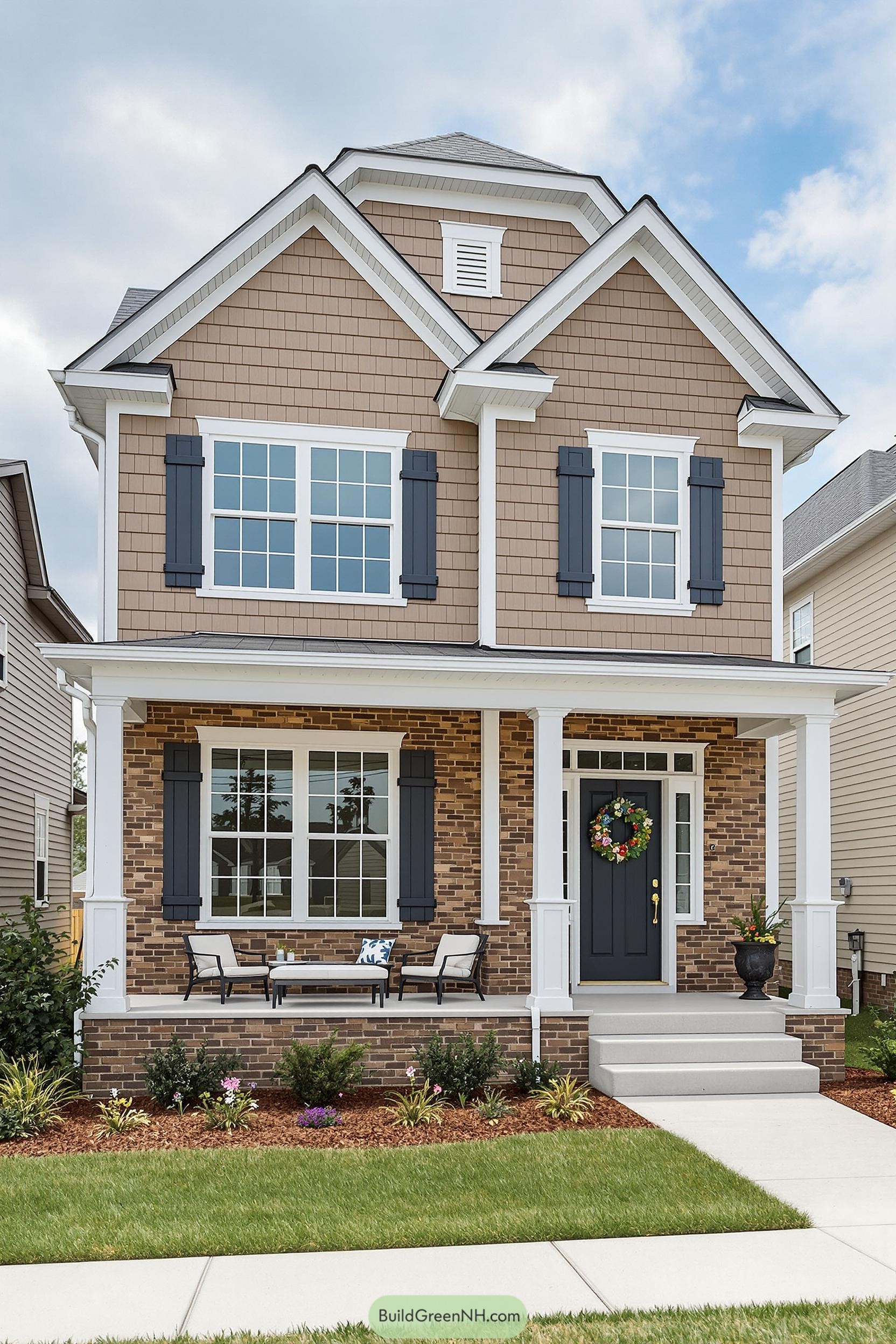 A charming, modern country house with a welcoming porch