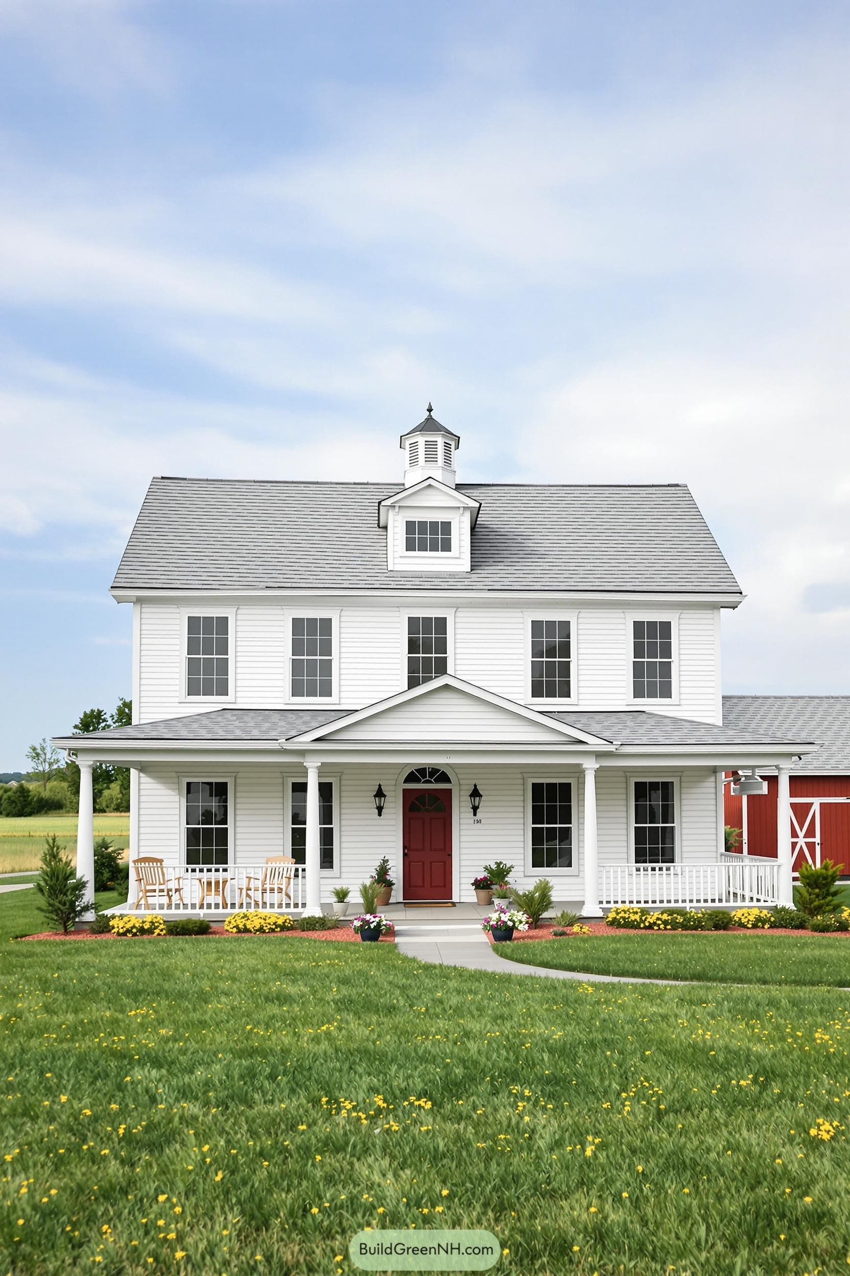 A white farmhouse with a red door and wraparound porch