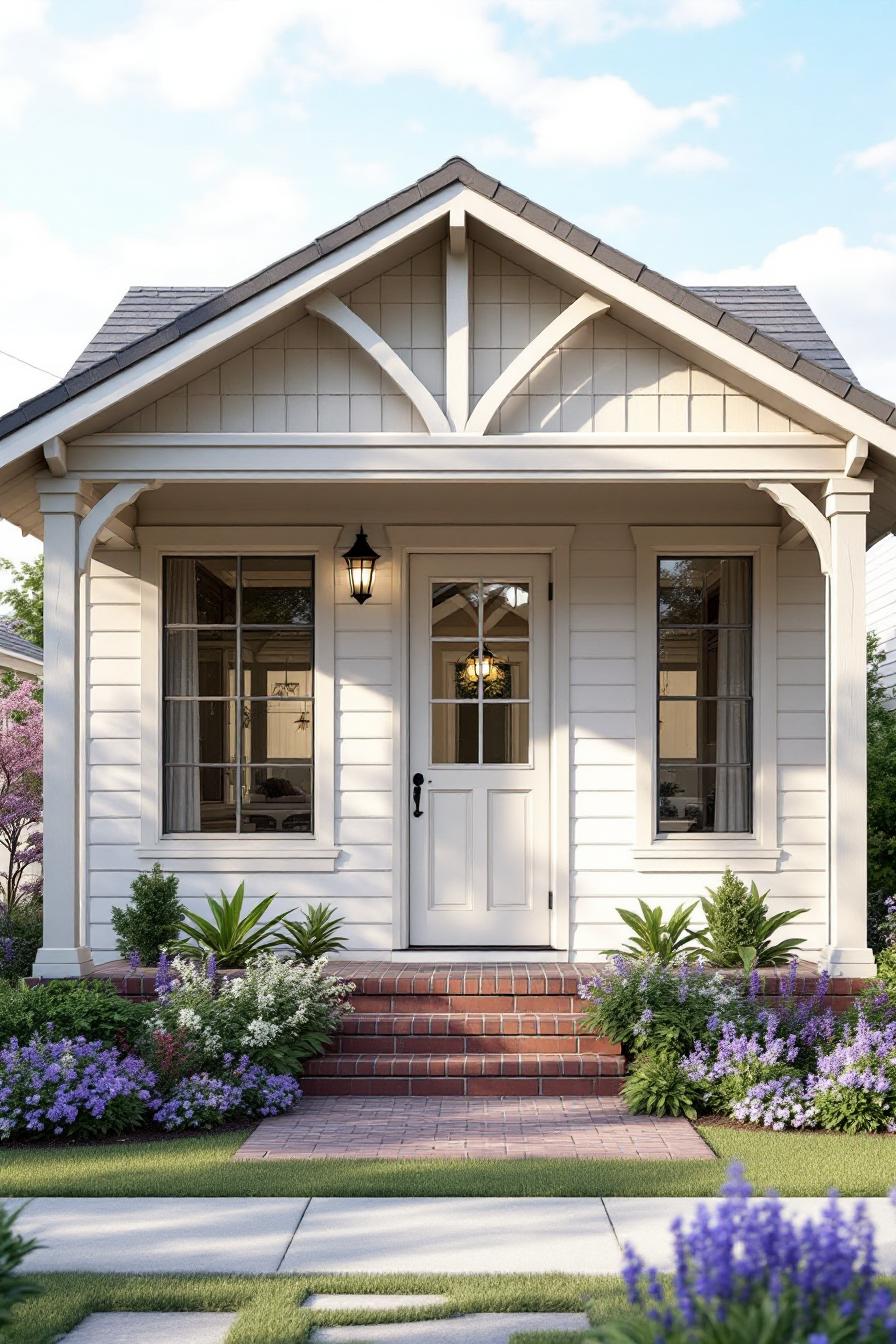 Cozy cream cottage with brick steps and lush purple flowers