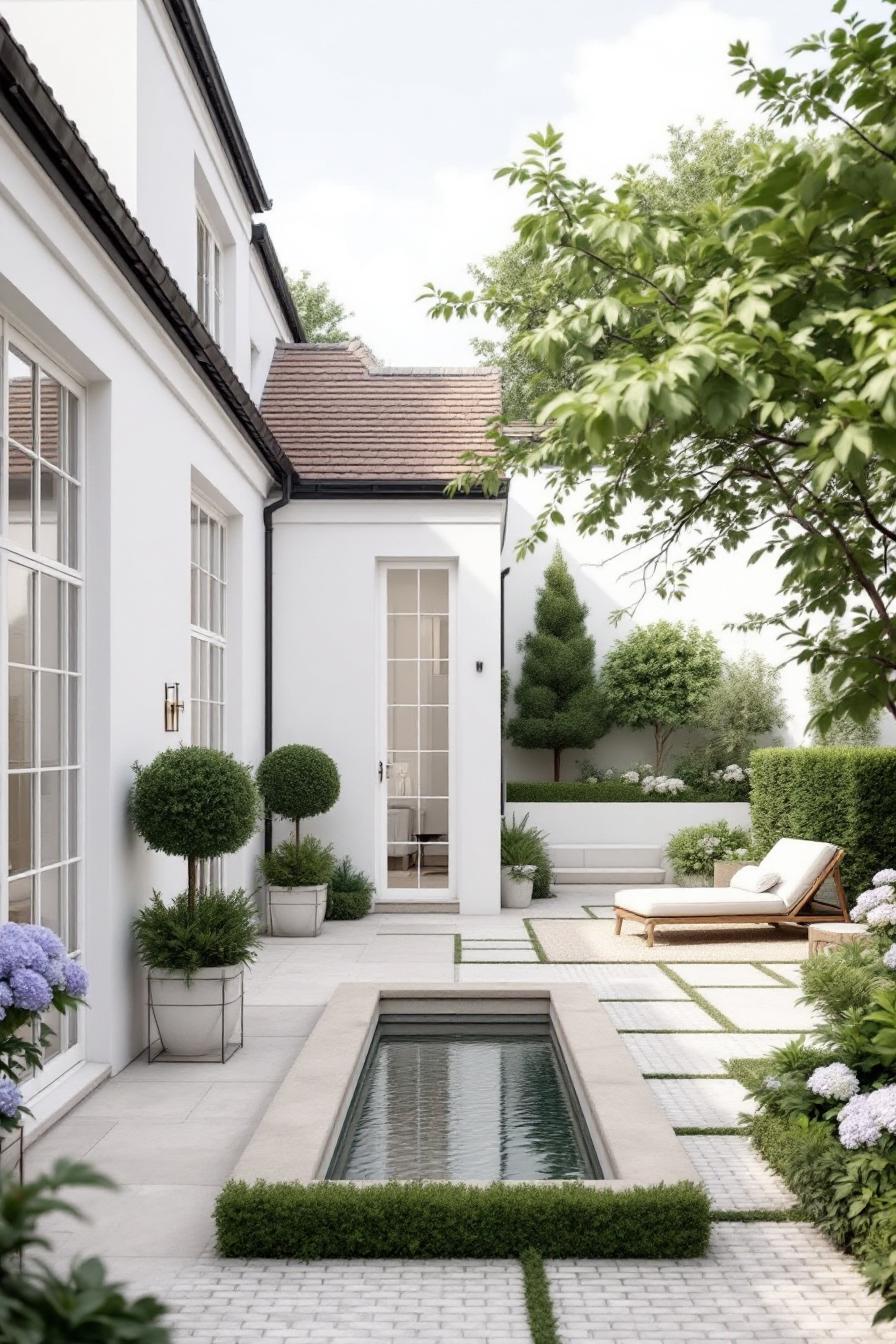 Sunny courtyard with white walls, lush greenery, and a serene pool