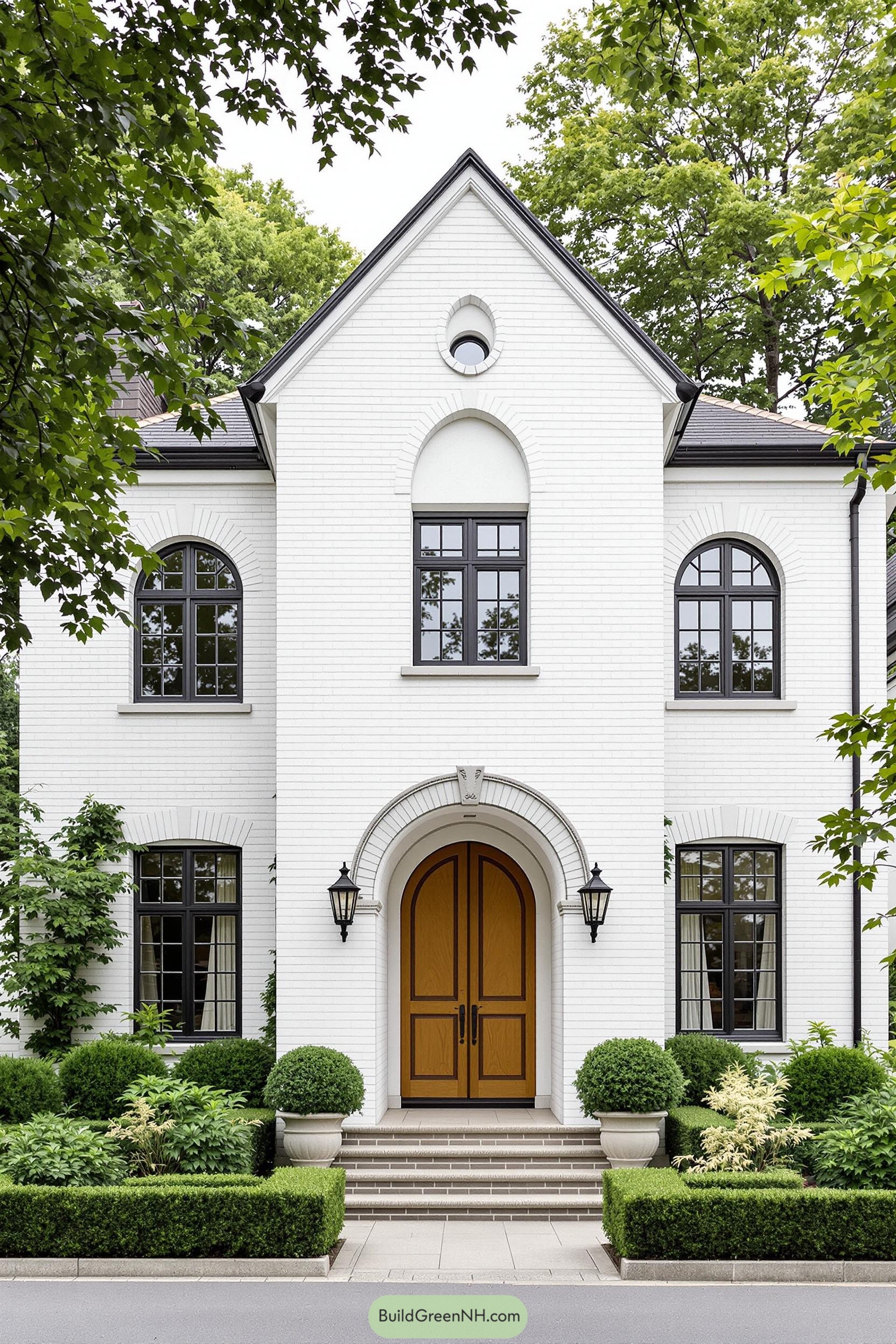 White brick house with wooden double doors and garden
