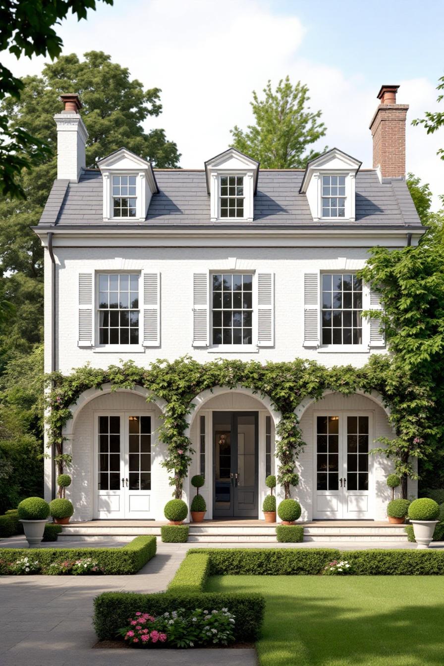 White Georgian cottage with arched windows and lush greenery