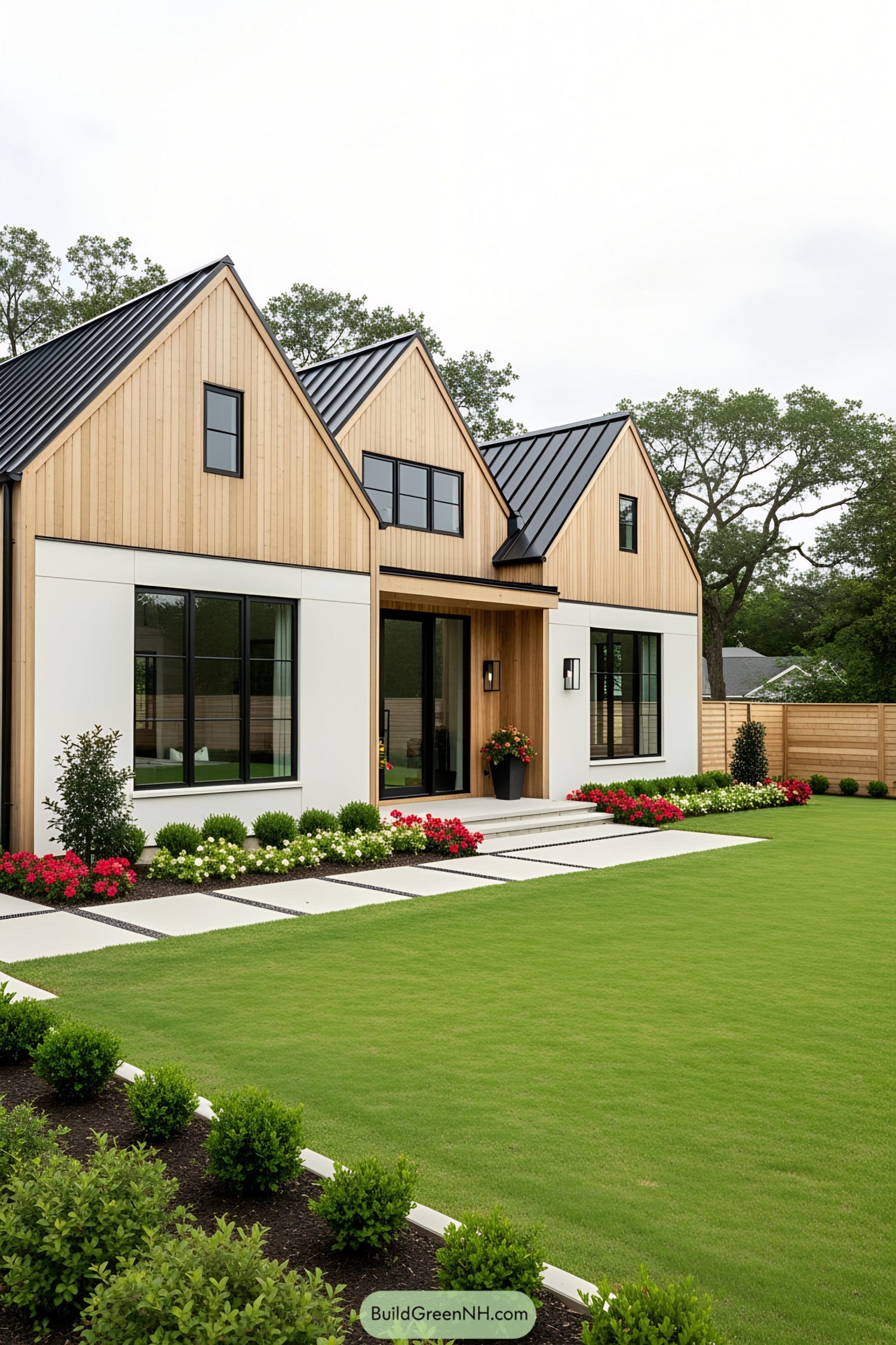 Scandinavian-style farmhouse with black roof and neat garden