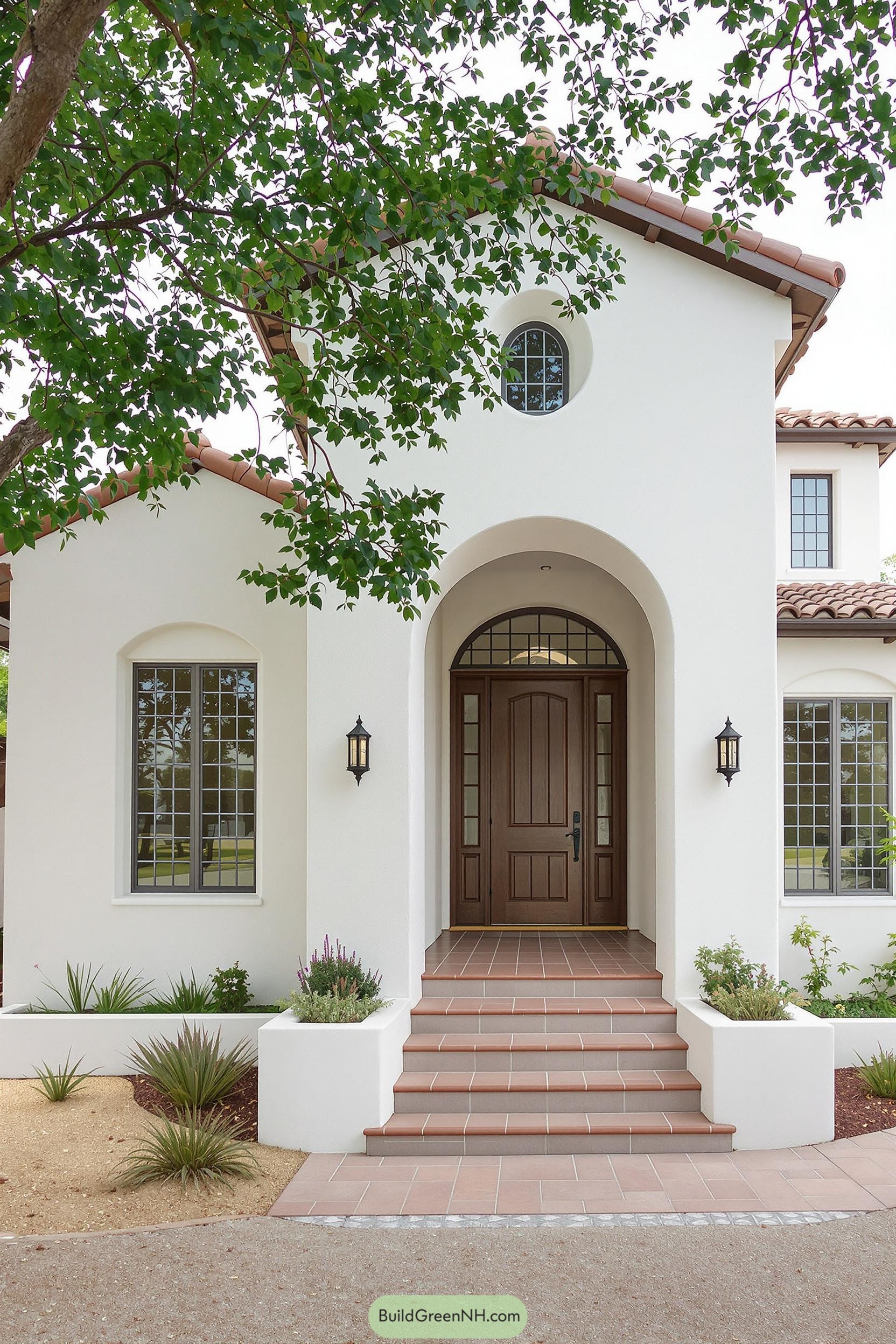 Entrance of a Spanish-style house with arched doorway and terra cotta roof