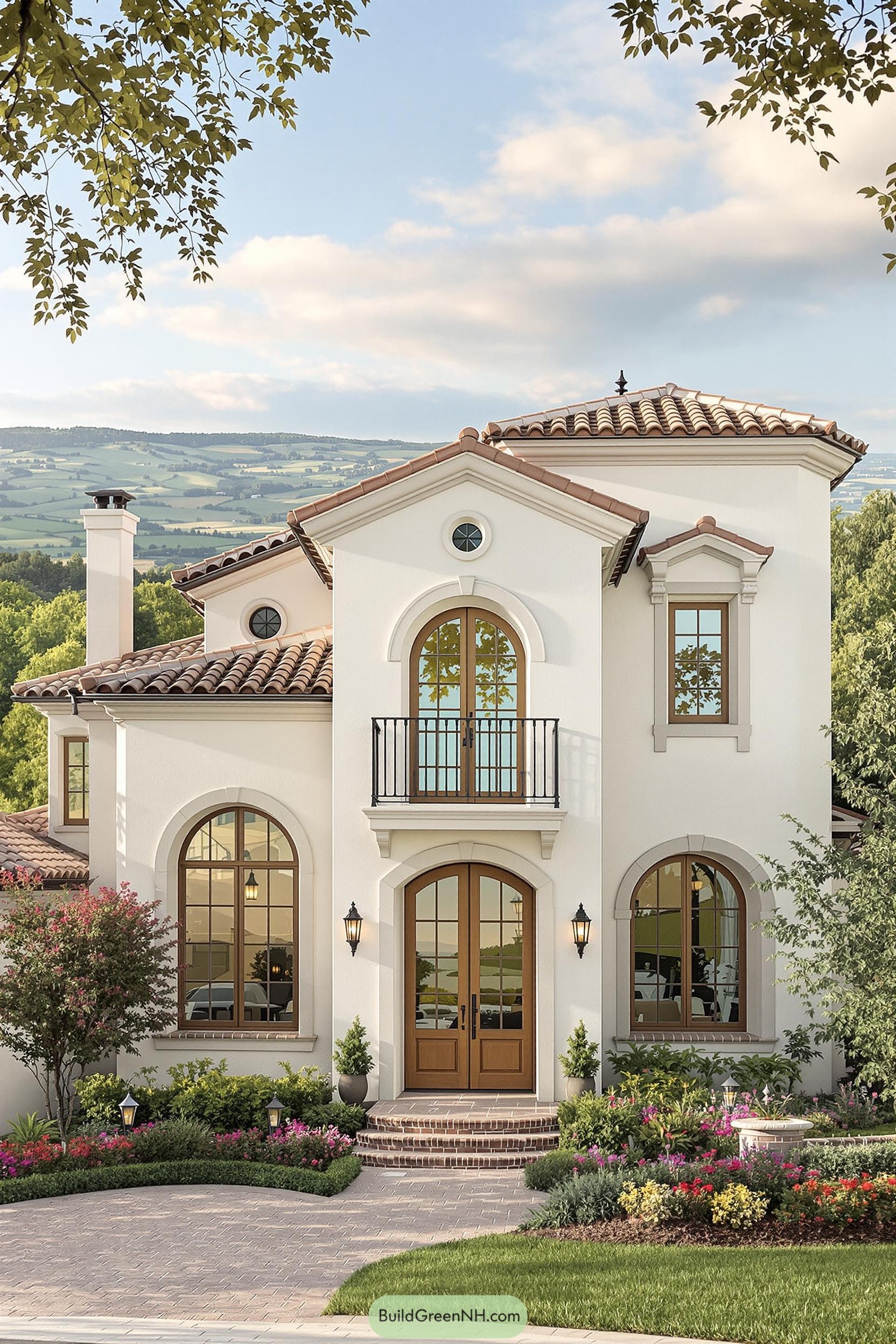 Elegant Tuscan house with arched windows and lush garden