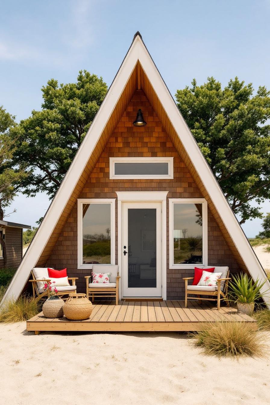 A-frame cabin with a wooden deck and cozy chairs
