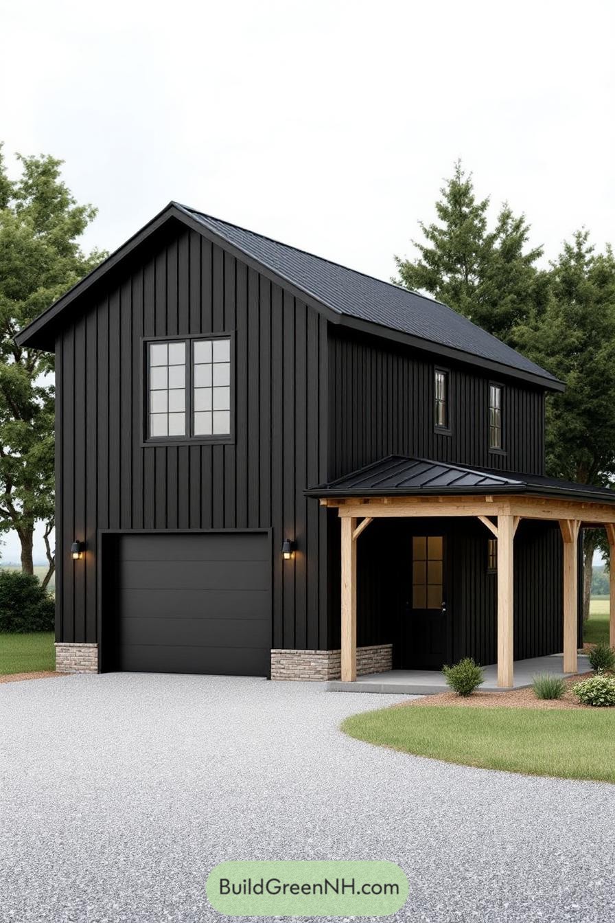Black barndominium with a modern design