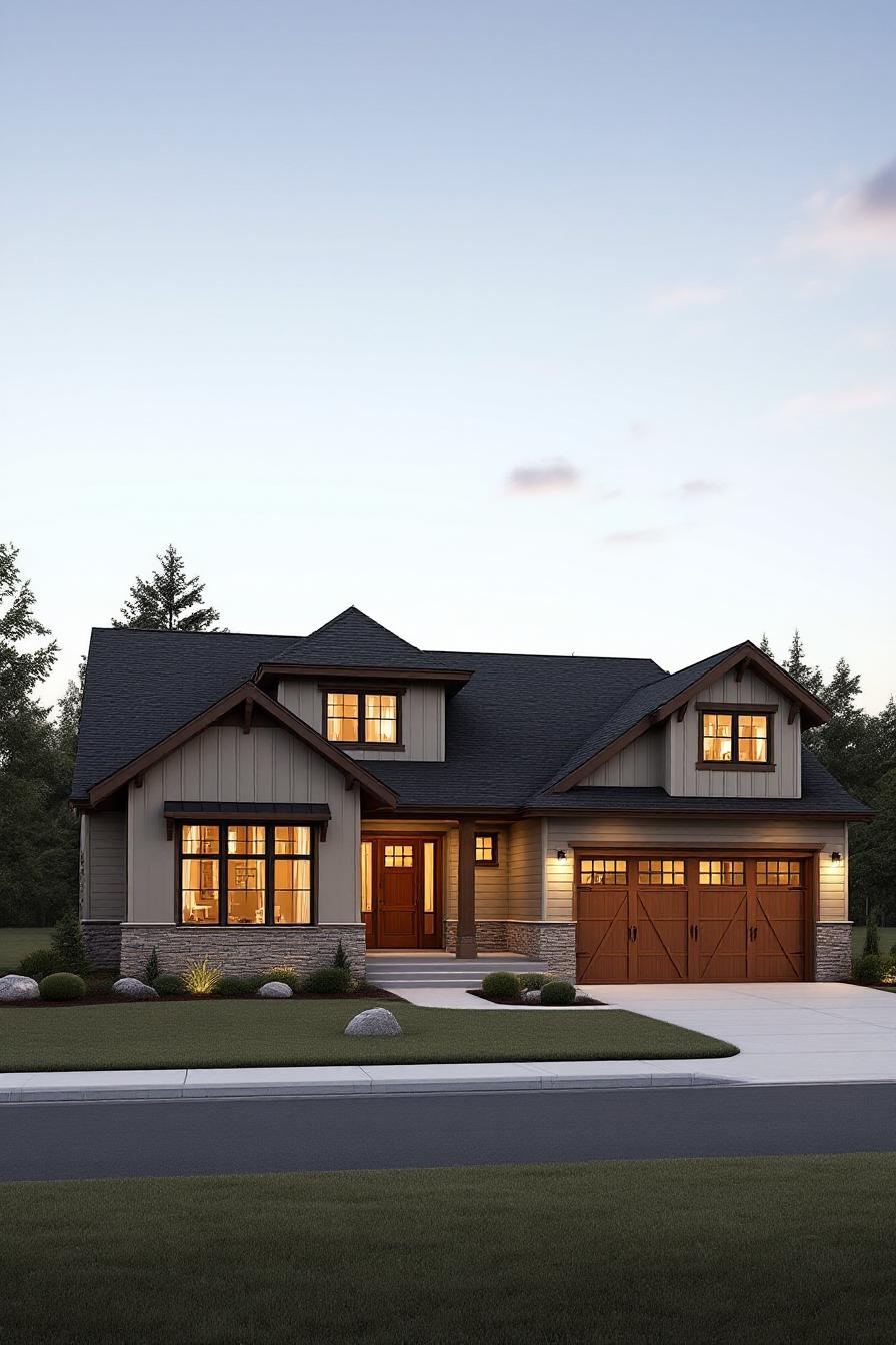 Cozy craftsman home with glowing windows and stone accents