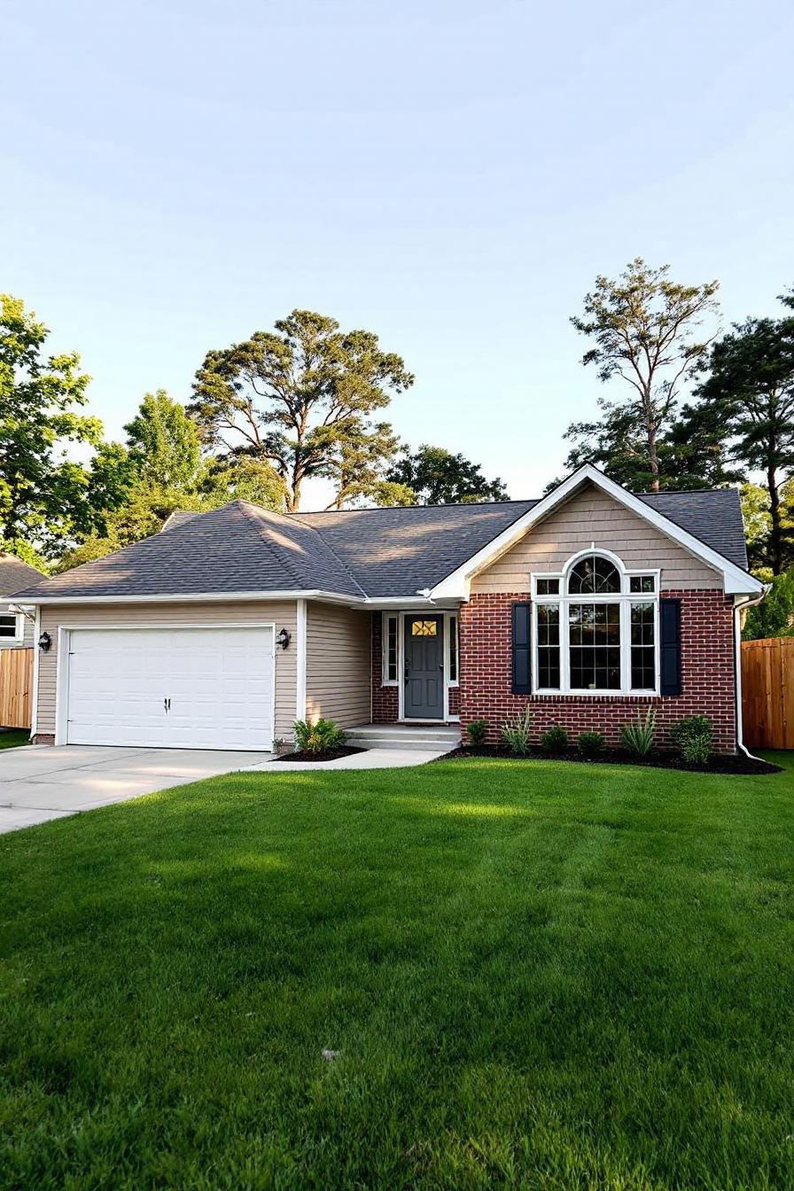 Front view of a Craftsman ranch house with a lush lawn and brick facade