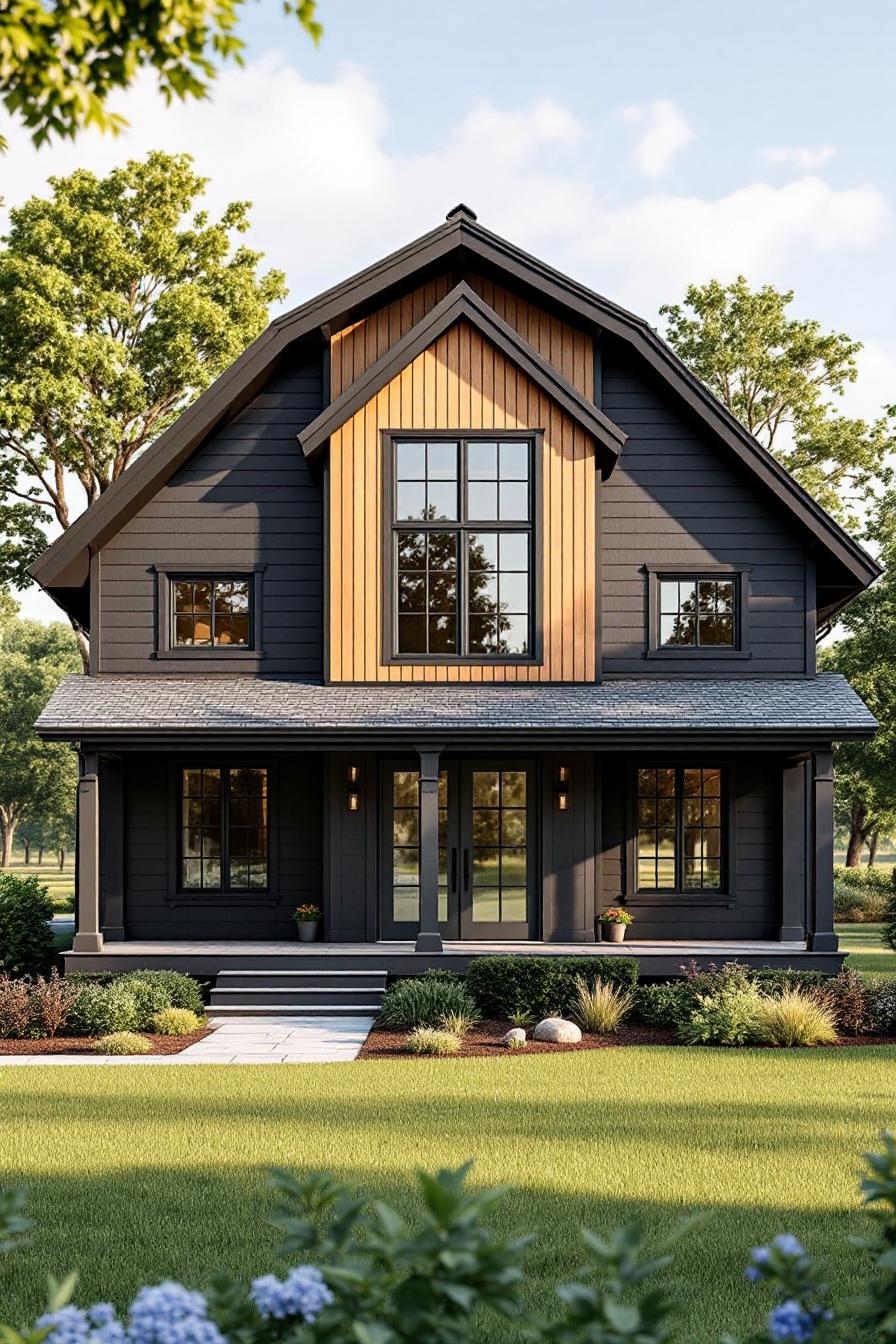 Chic dark cottage with wooden accents