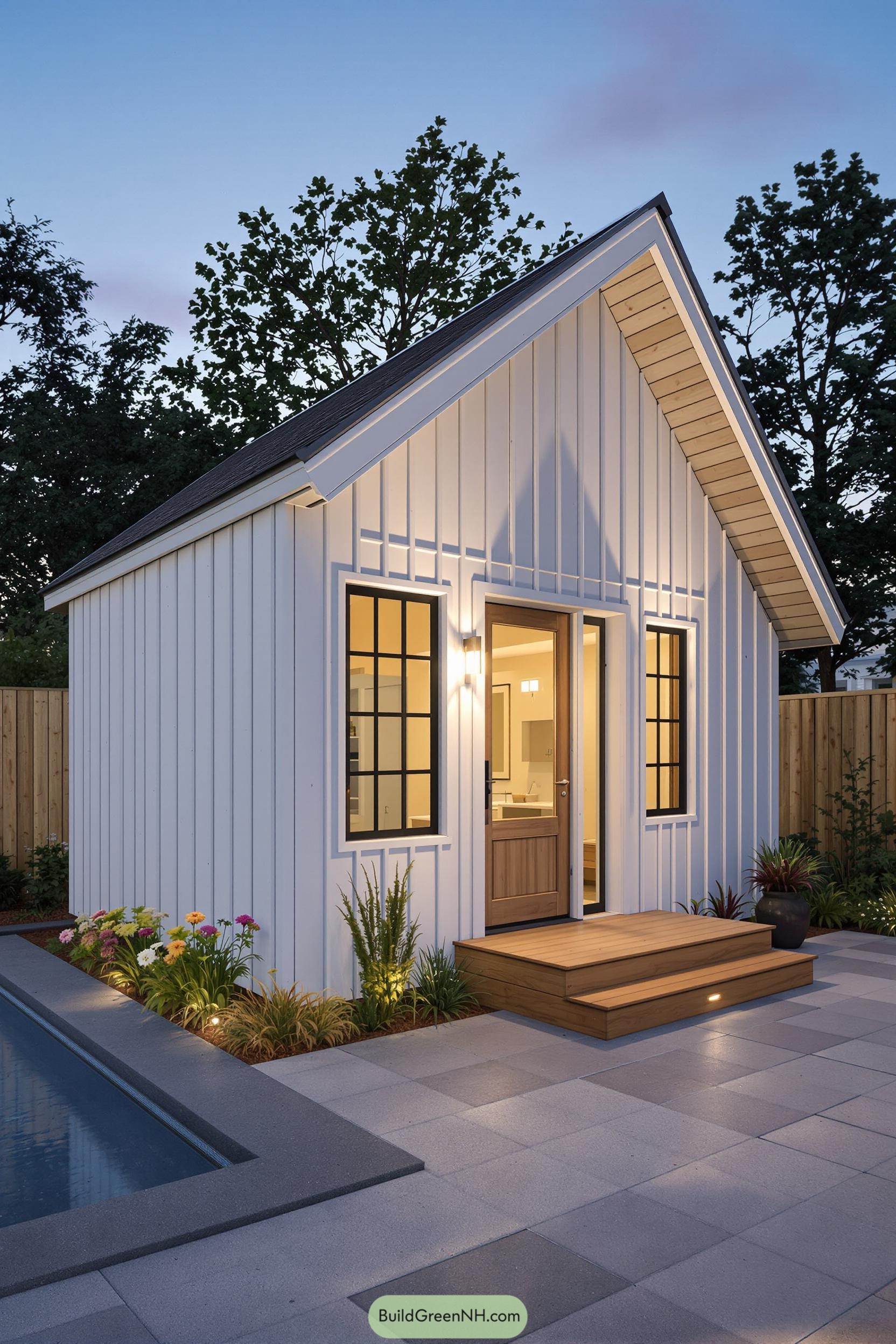 Cozy white poolside guest house with warm lighting