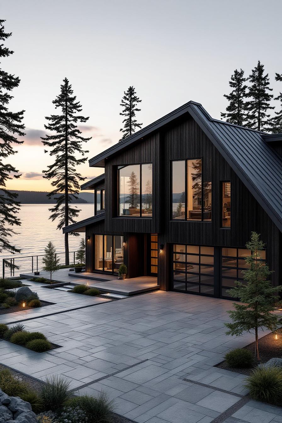 Modern lakeside house with large windows