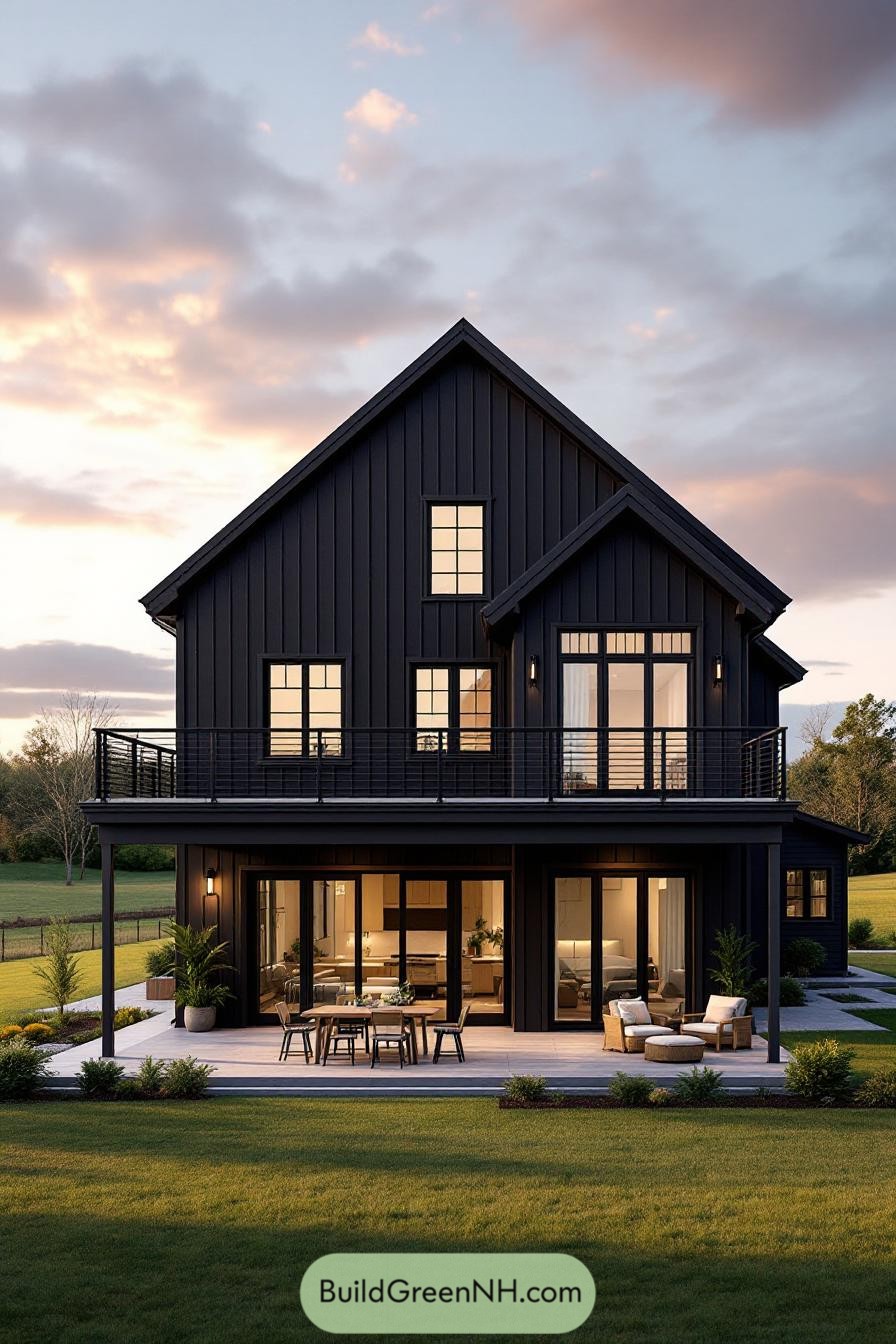 Modern black pole barn house with large windows and a patio