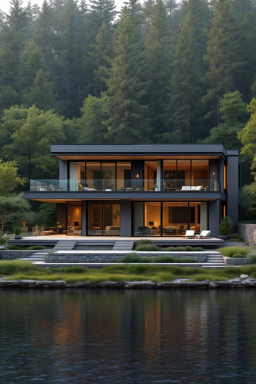 Modern house with large glass windows by a river