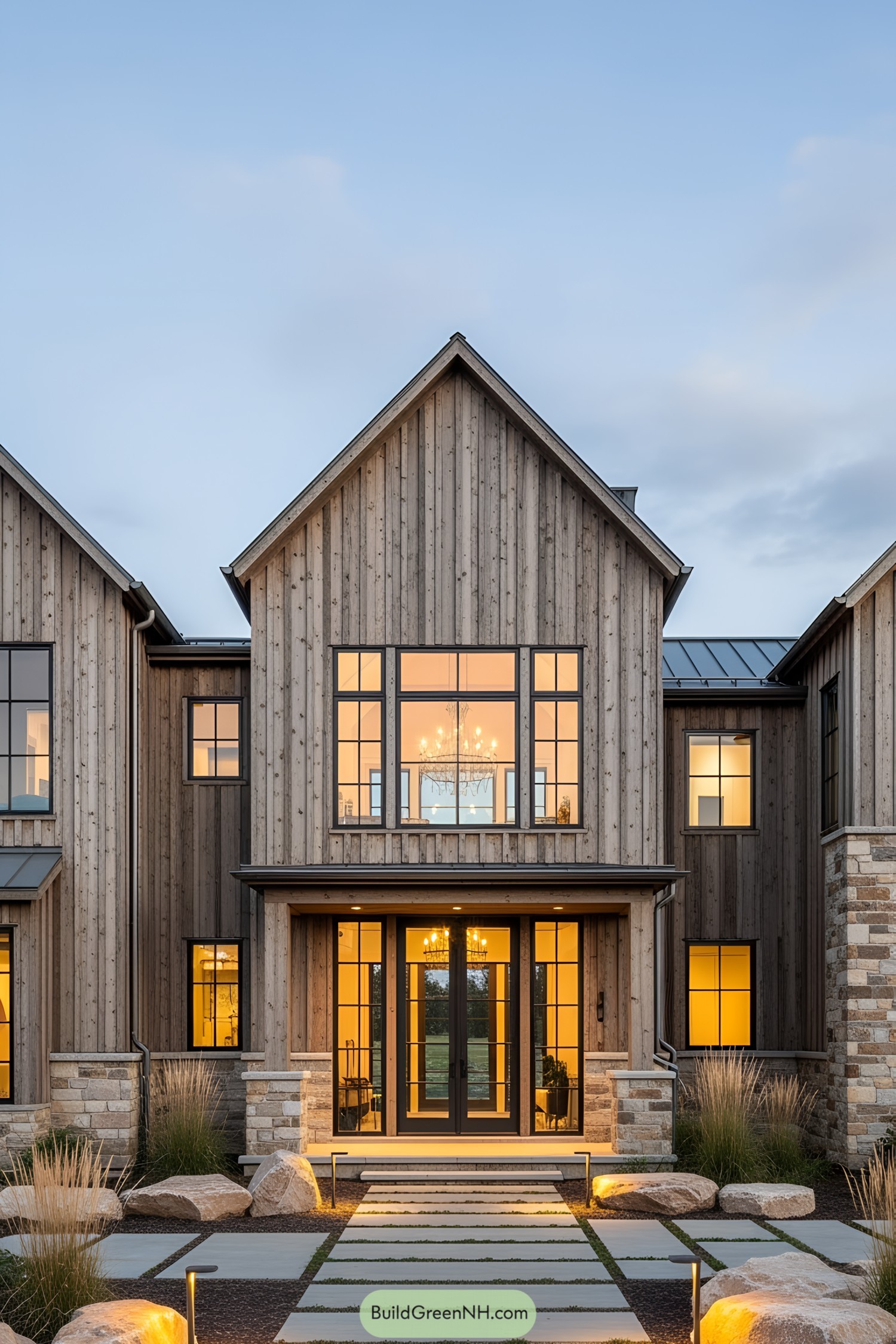 Wooden house with large windows and a stone accent