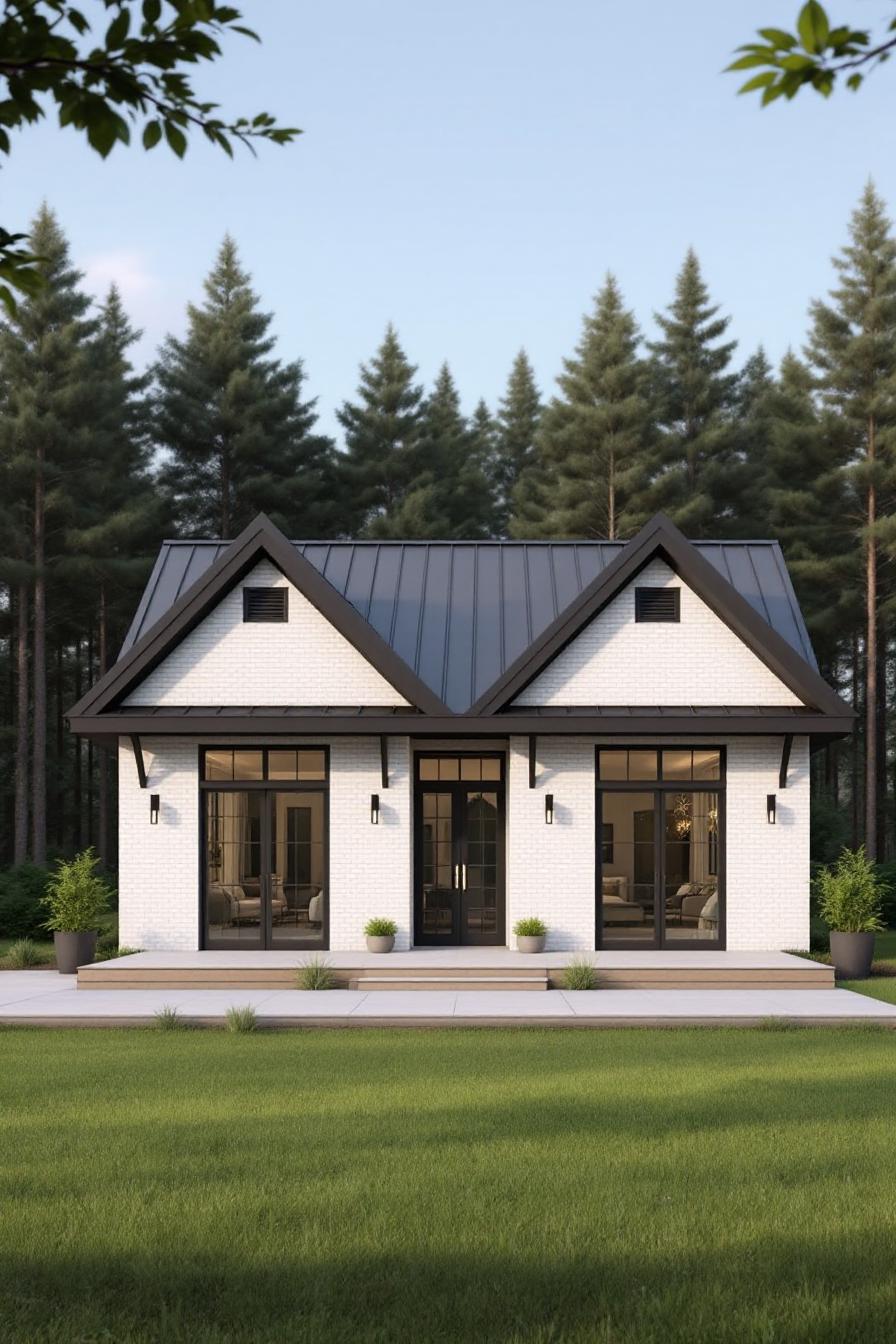 Small modern barndominium with dark roof and windows