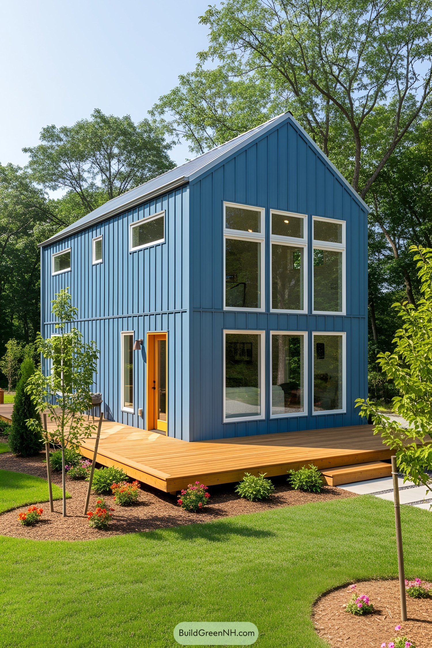 Compact blue barndominium with a wooden deck