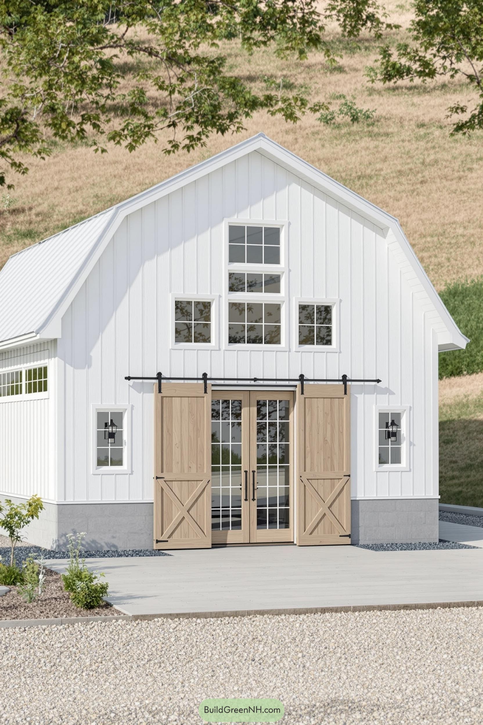 White barndominium with rustic double doors
