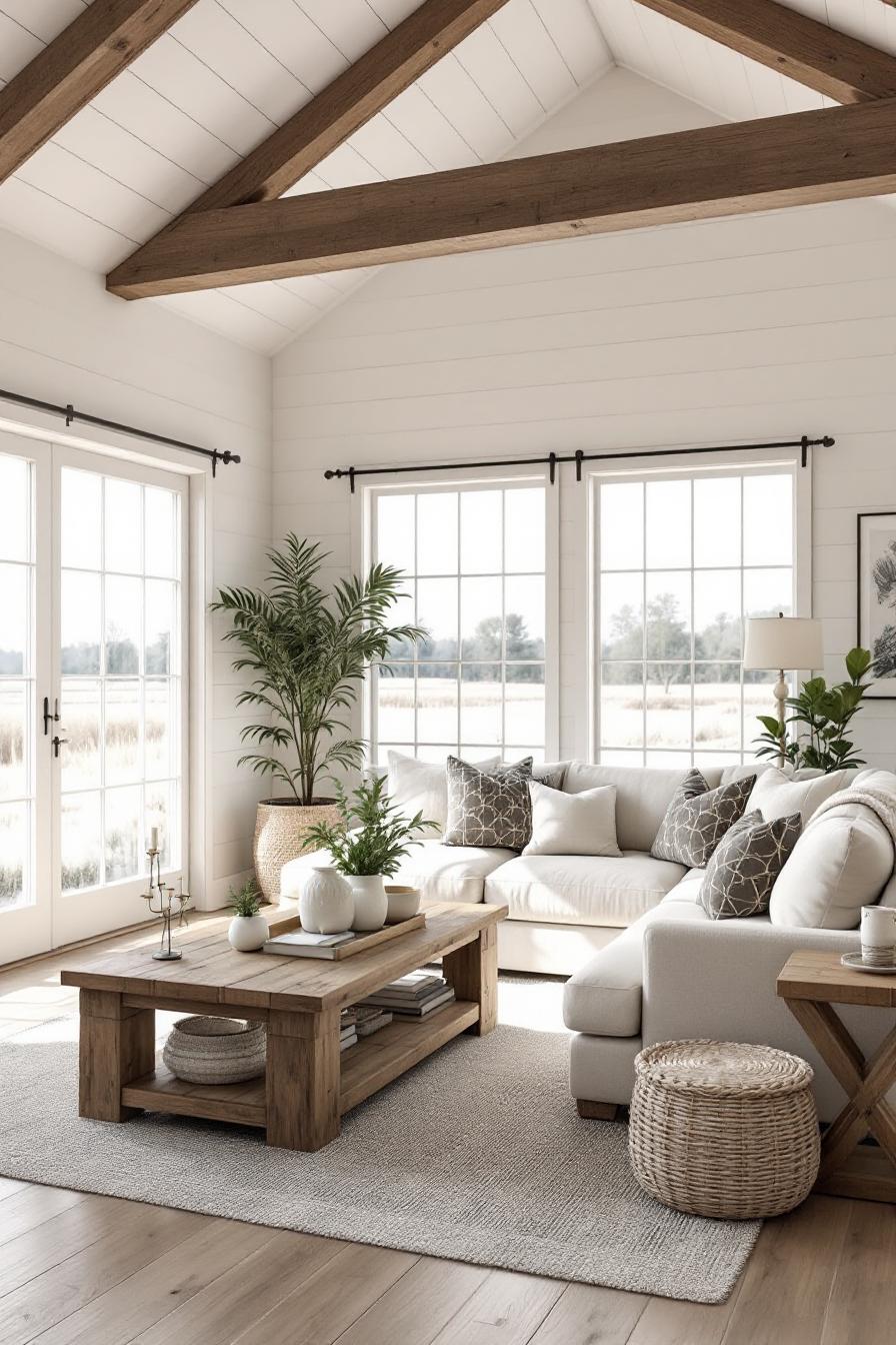 Bright and airy farmhouse living room with rustic accents