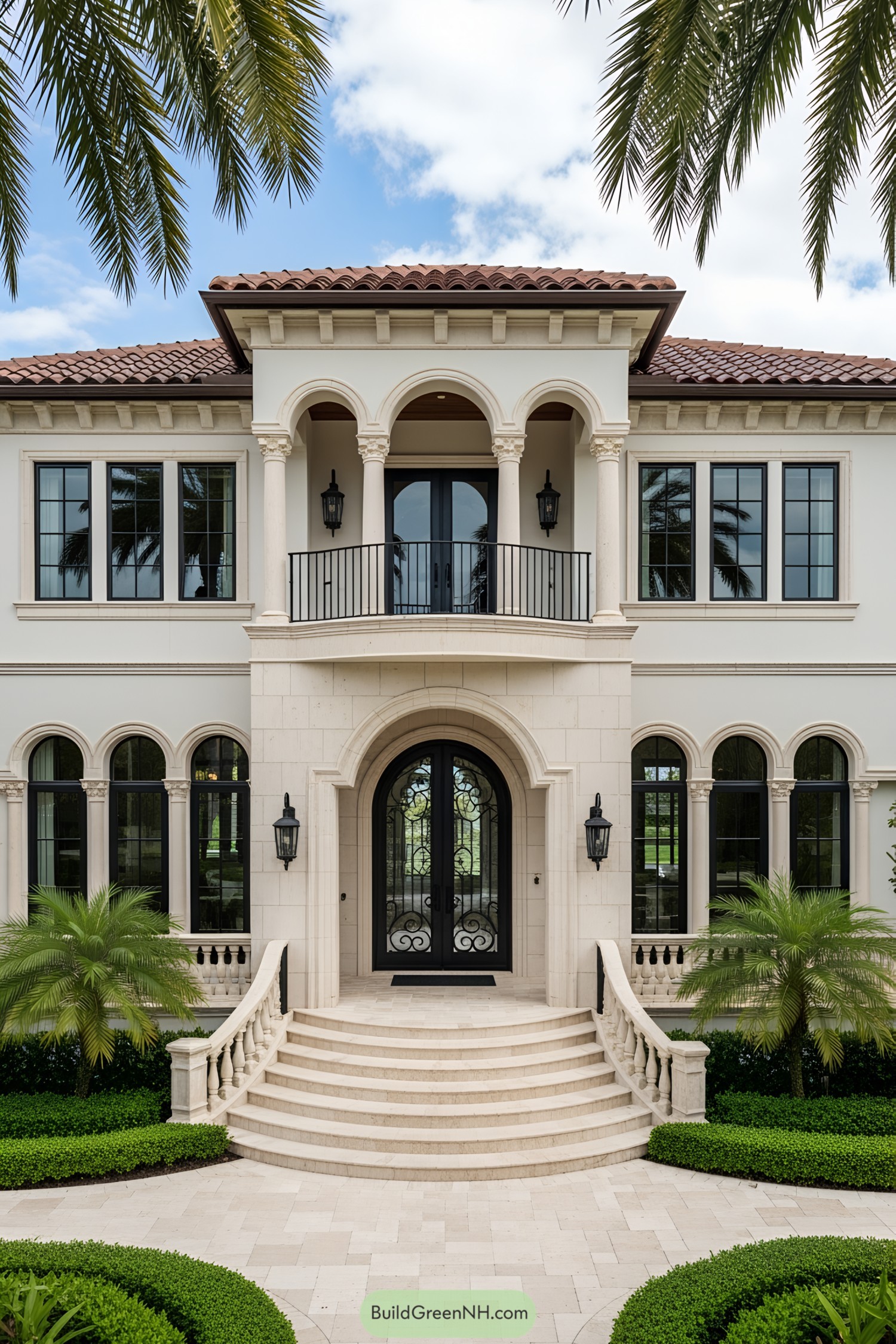 Luxurious Mediterranean home flanked by palm trees