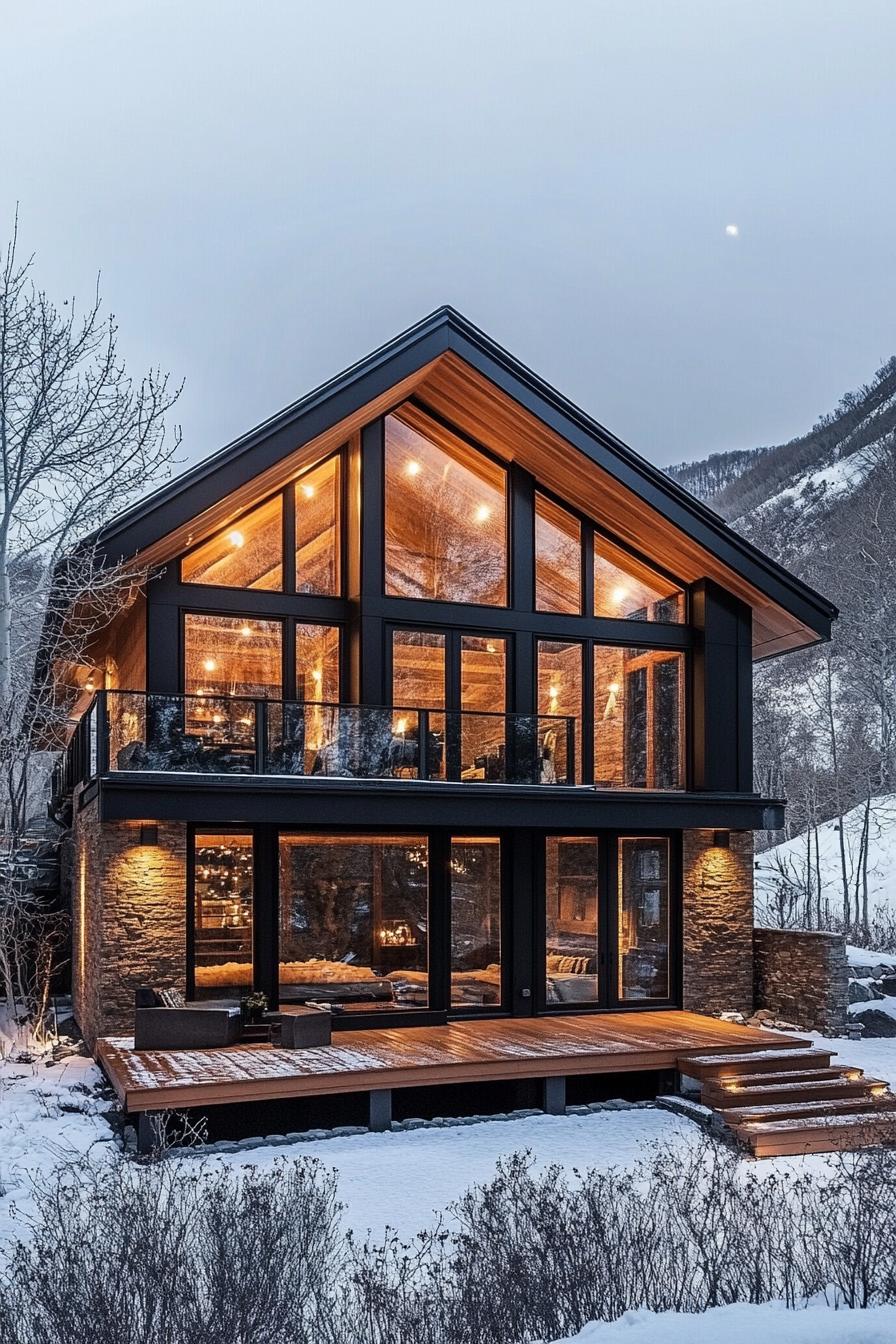 Modern glass-front cabin nestled in a snowy landscape