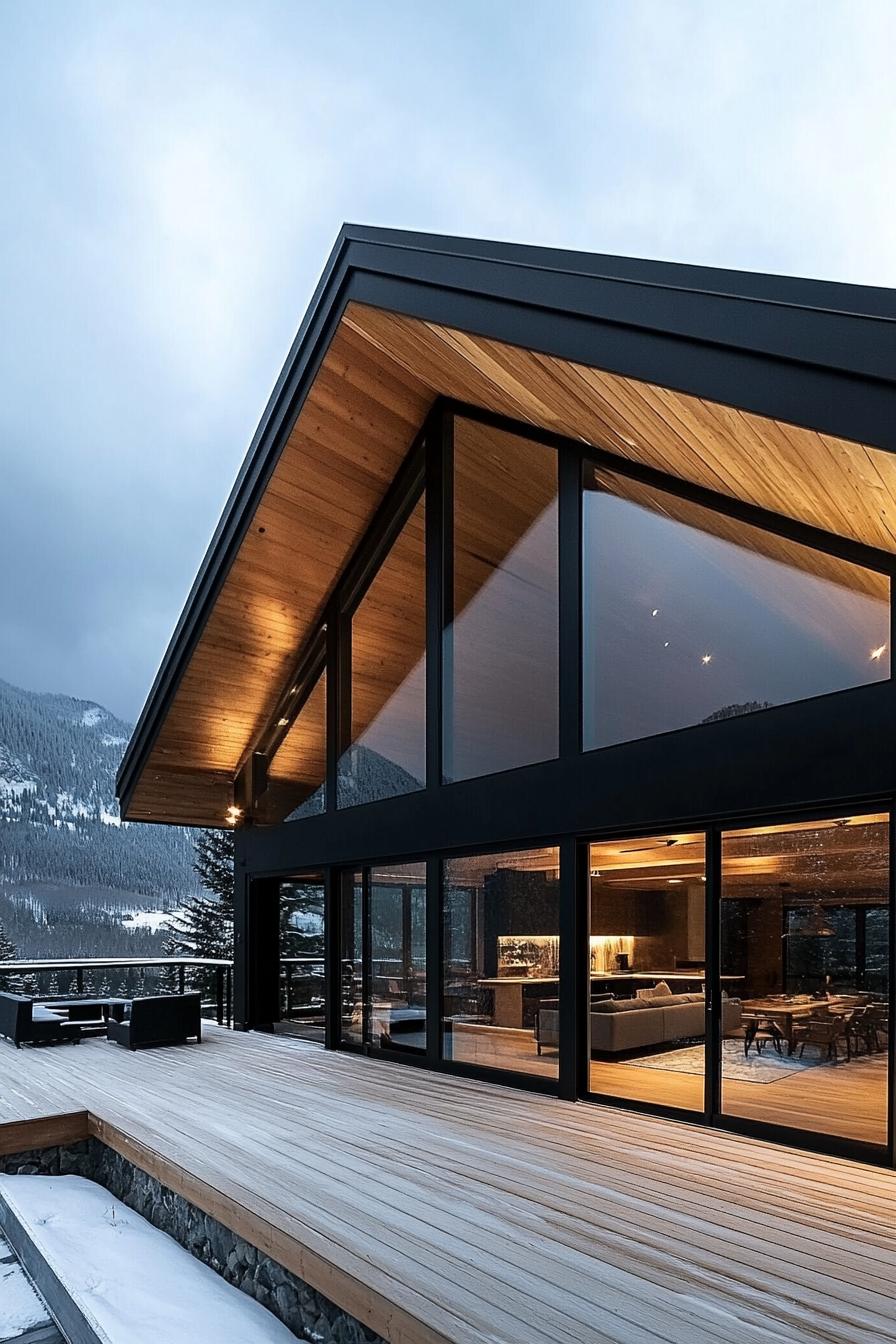 Modern cabin with large glass windows and wooden deck