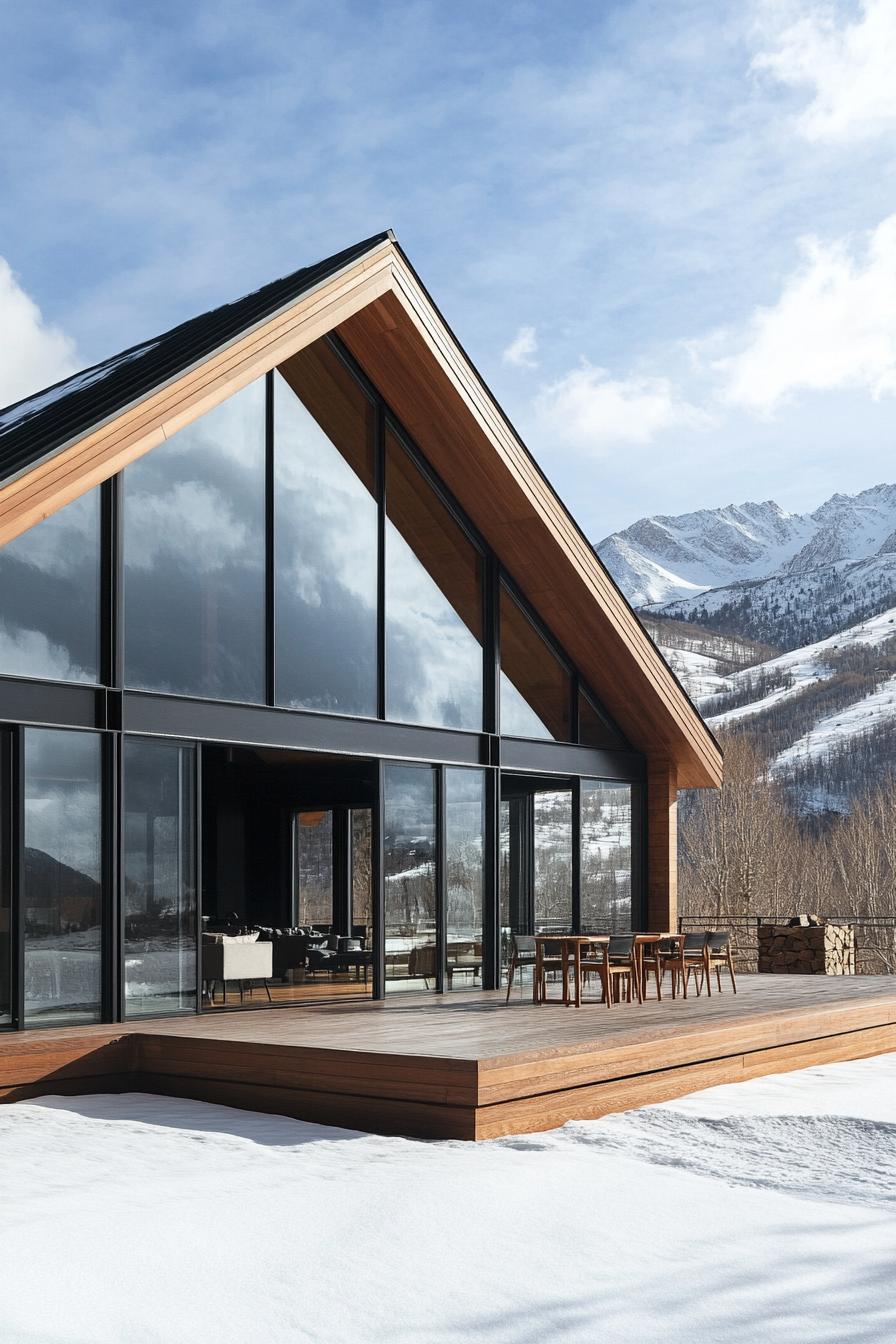 Modern cabin with glass facade in snowy mountain backdrop