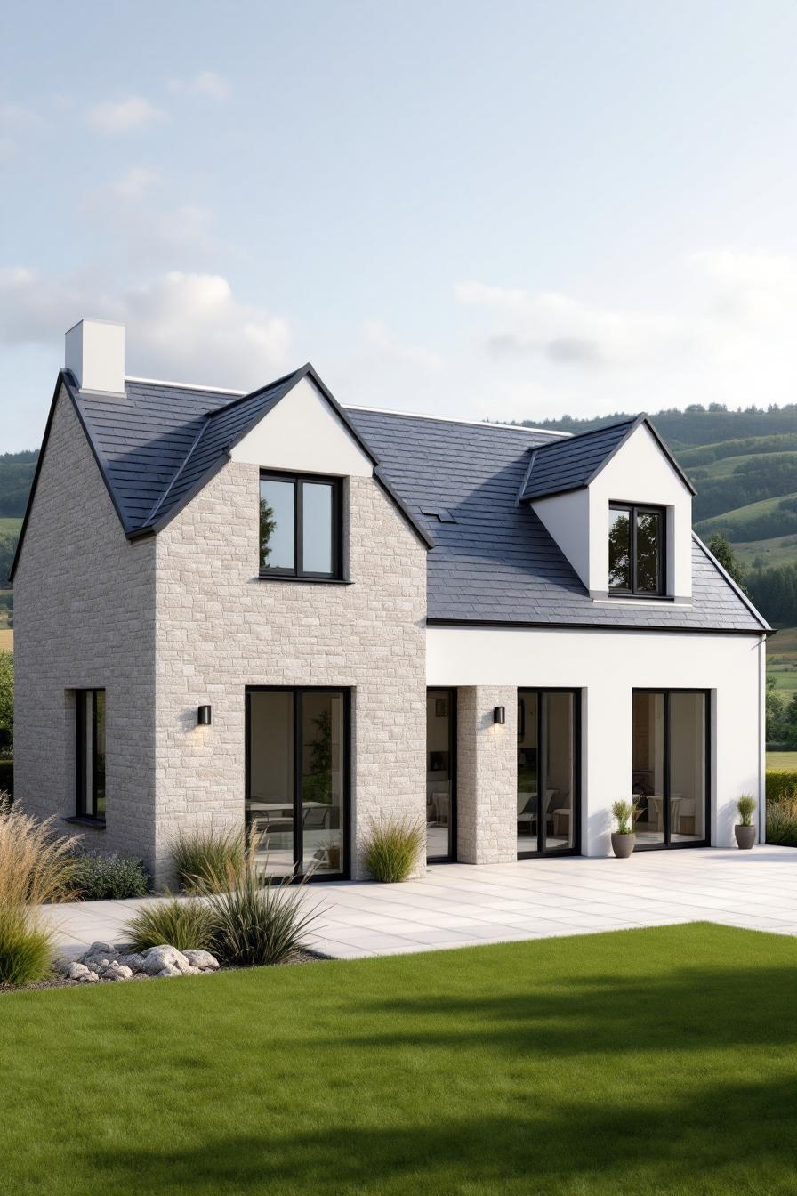 Modern dormer bungalow with stone facade and lush lawn