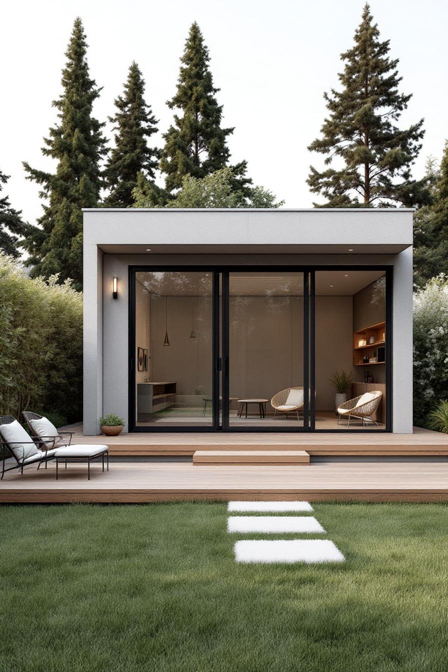 Compact house with large glass doors set among tall trees