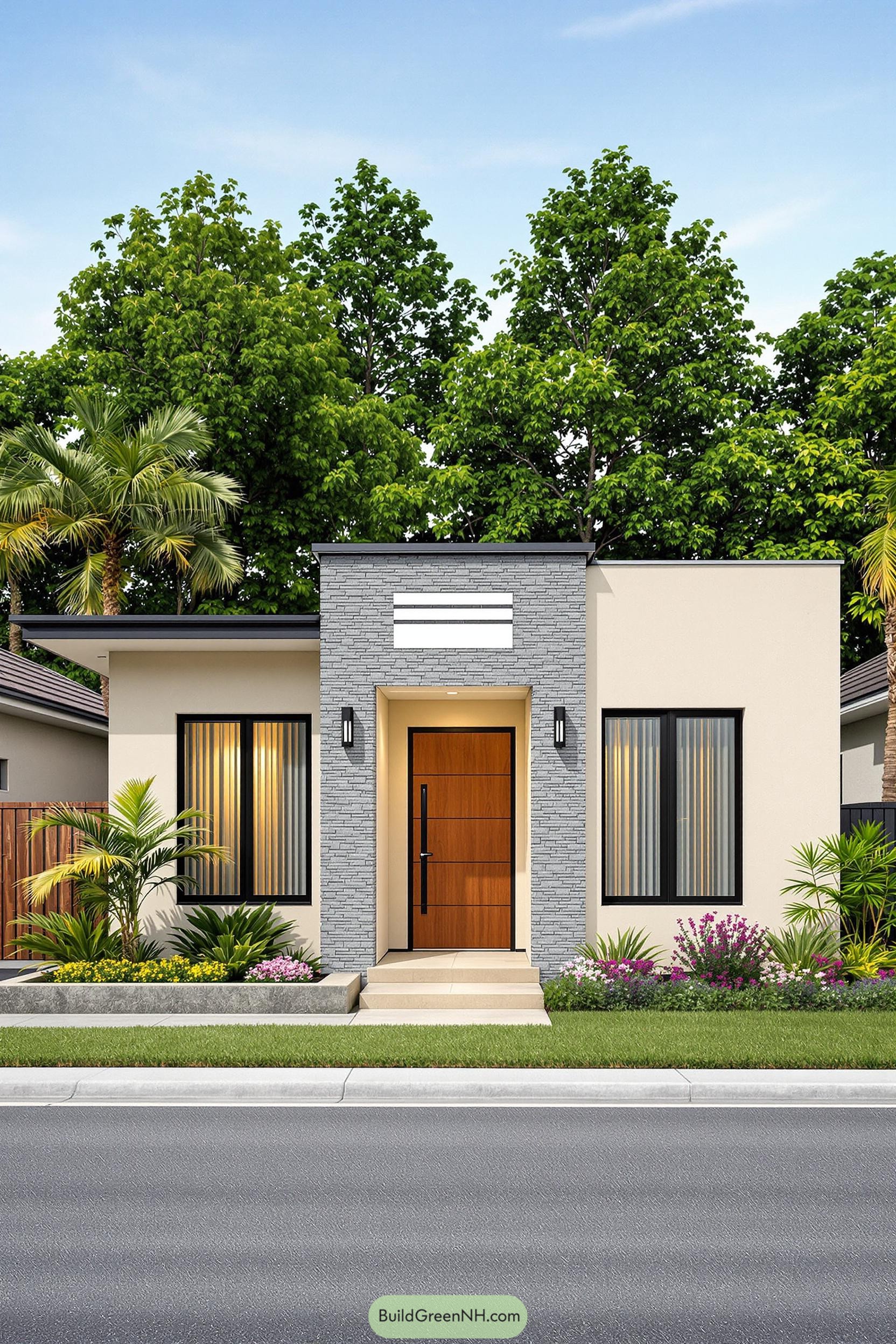 Compact modern bungalow with a wooden door and landscaped garden