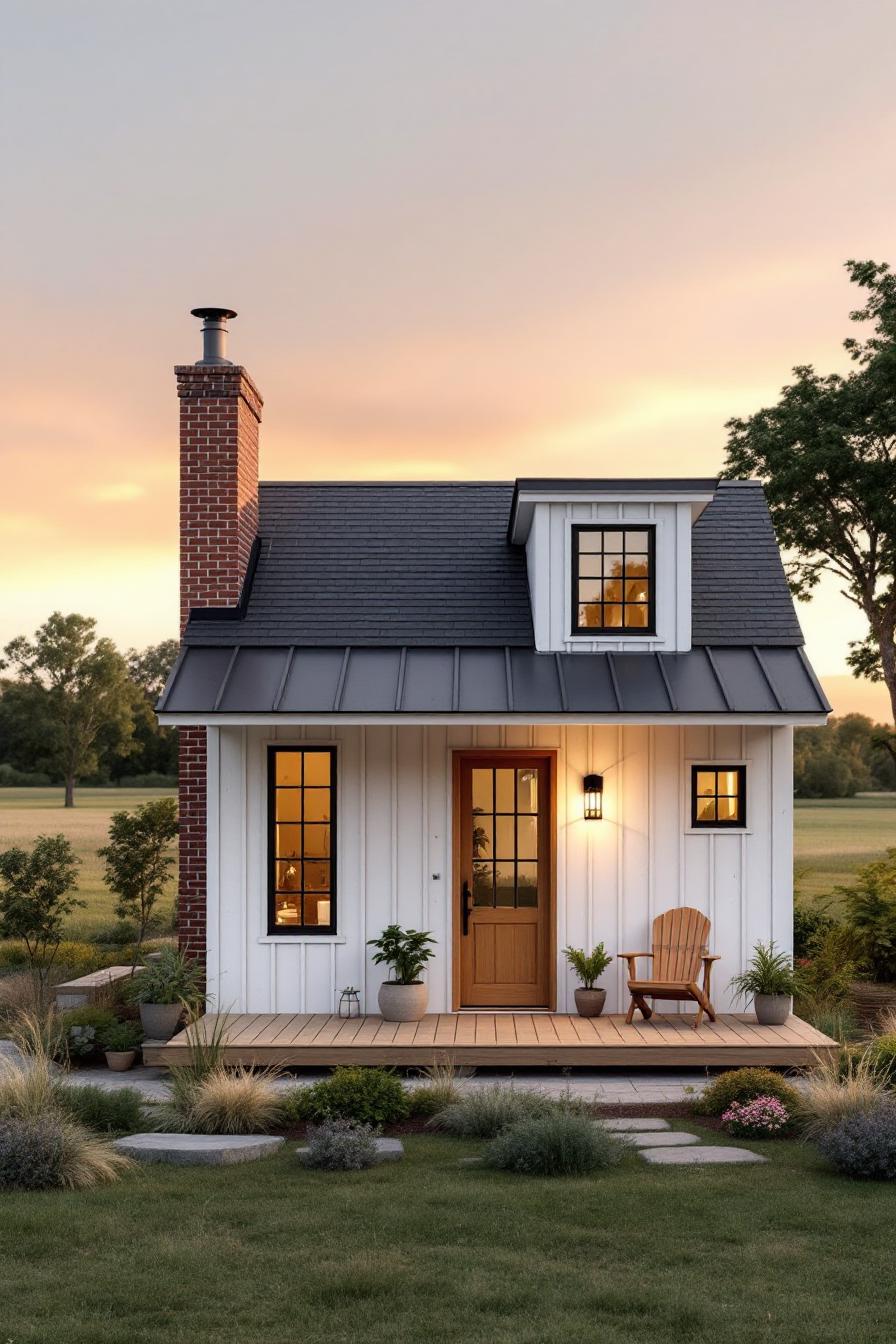 Small white cottage with a brick chimney and spacious front yard at sunset