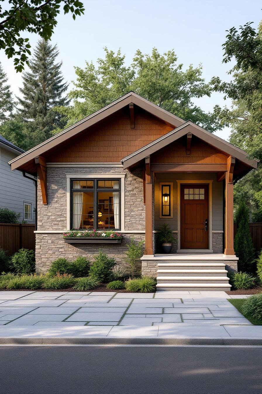 Craftsman bungalow with a wooden porch and landscaped garden