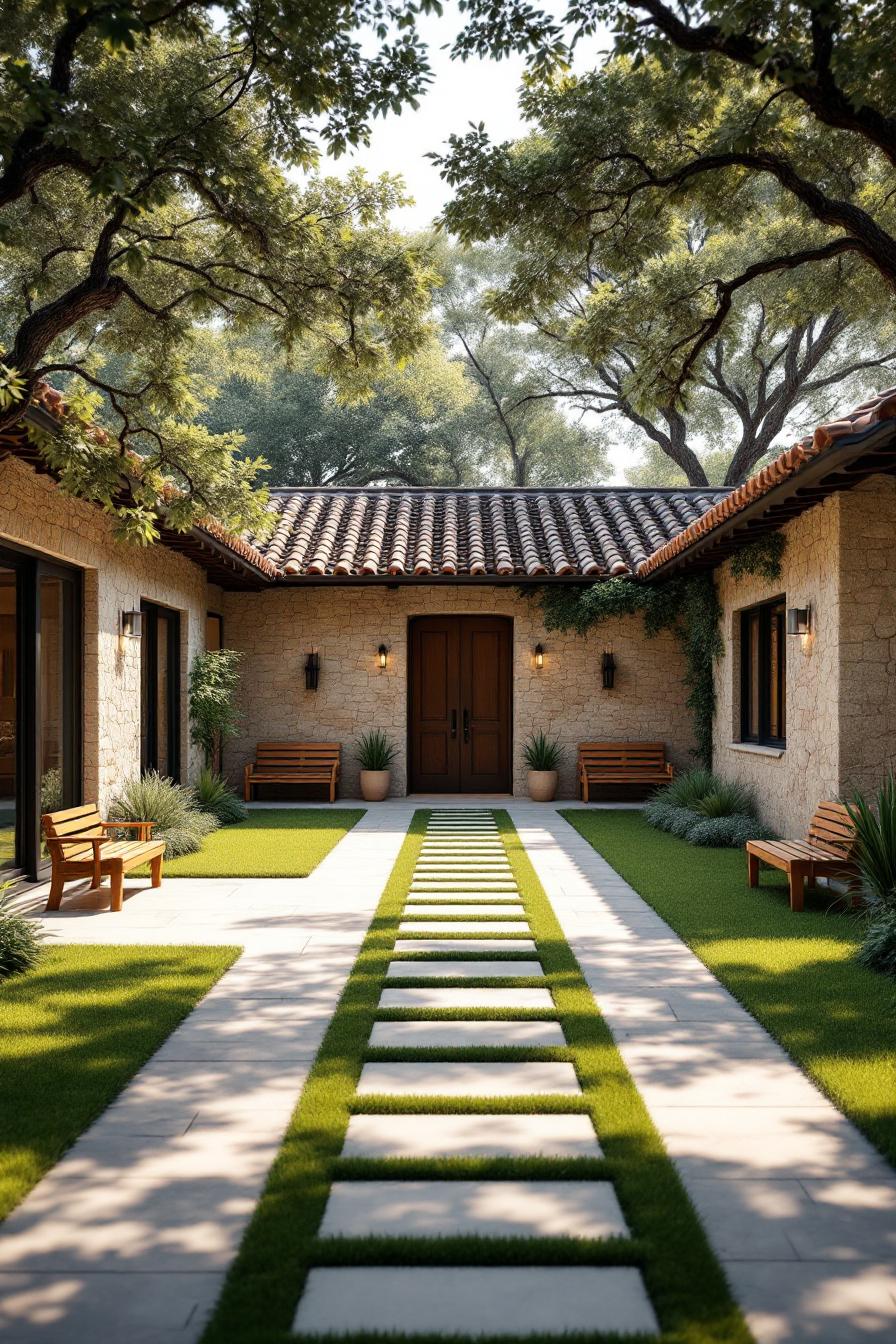 Lush courtyard with stepping stones and wooden benches