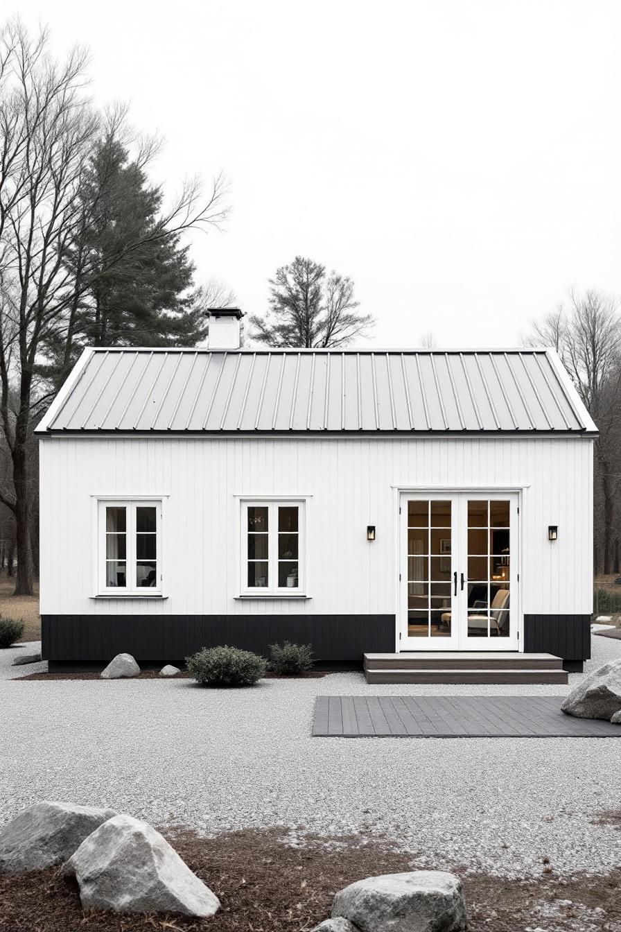 White and black Scandinavian house with metal roof