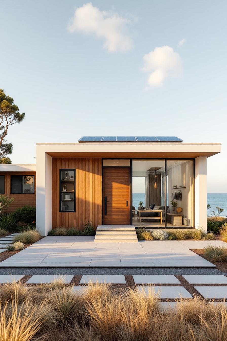 Modern bungalow with wooden siding and large glass windows