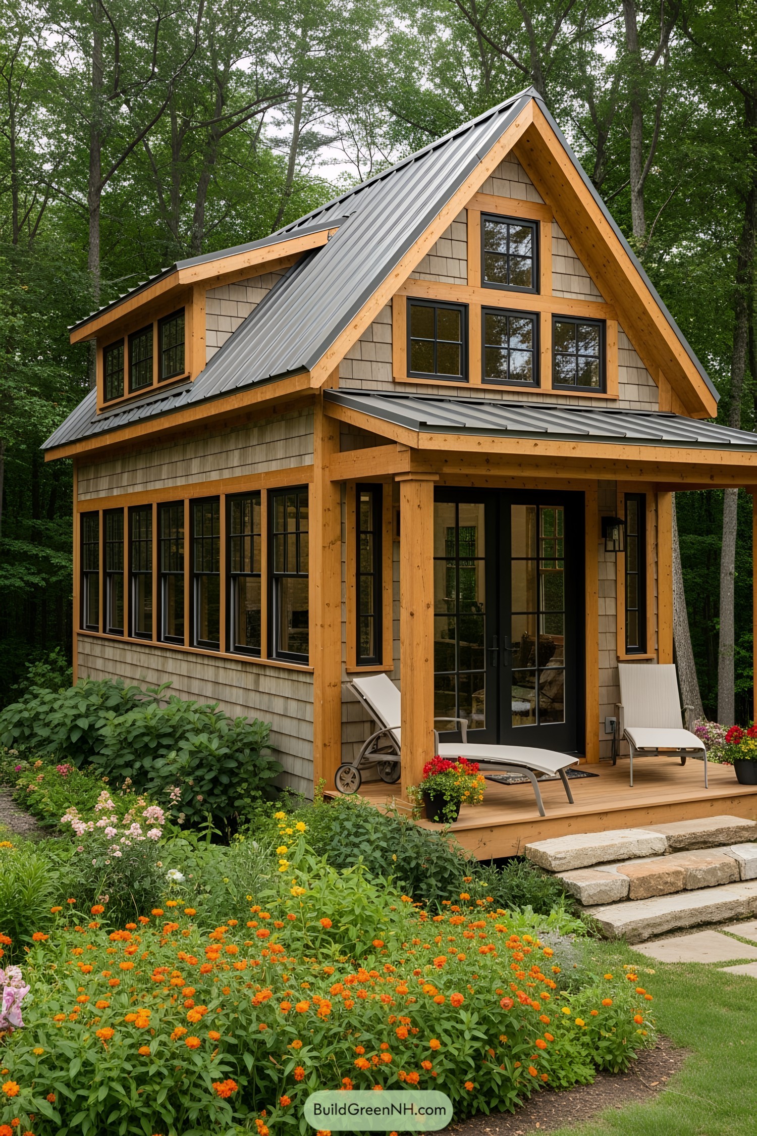 Cute rustic house with wooden beams and blooming garden