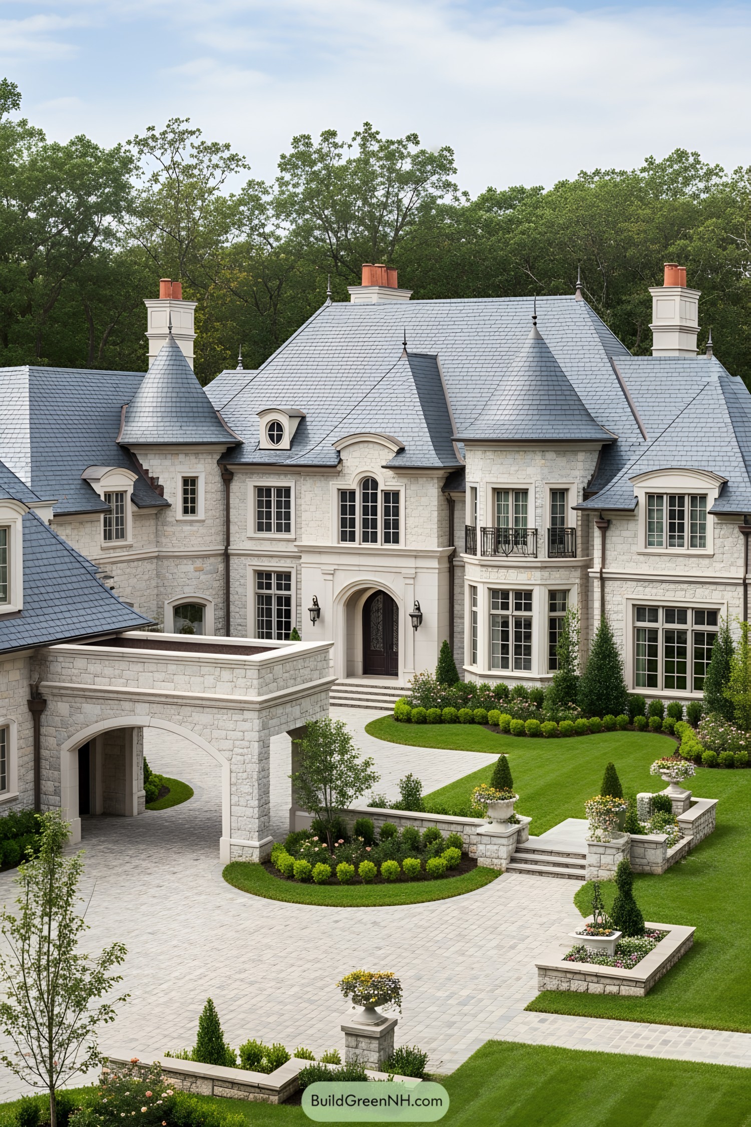 Large estate with stone façade, turrets, and manicured gardens