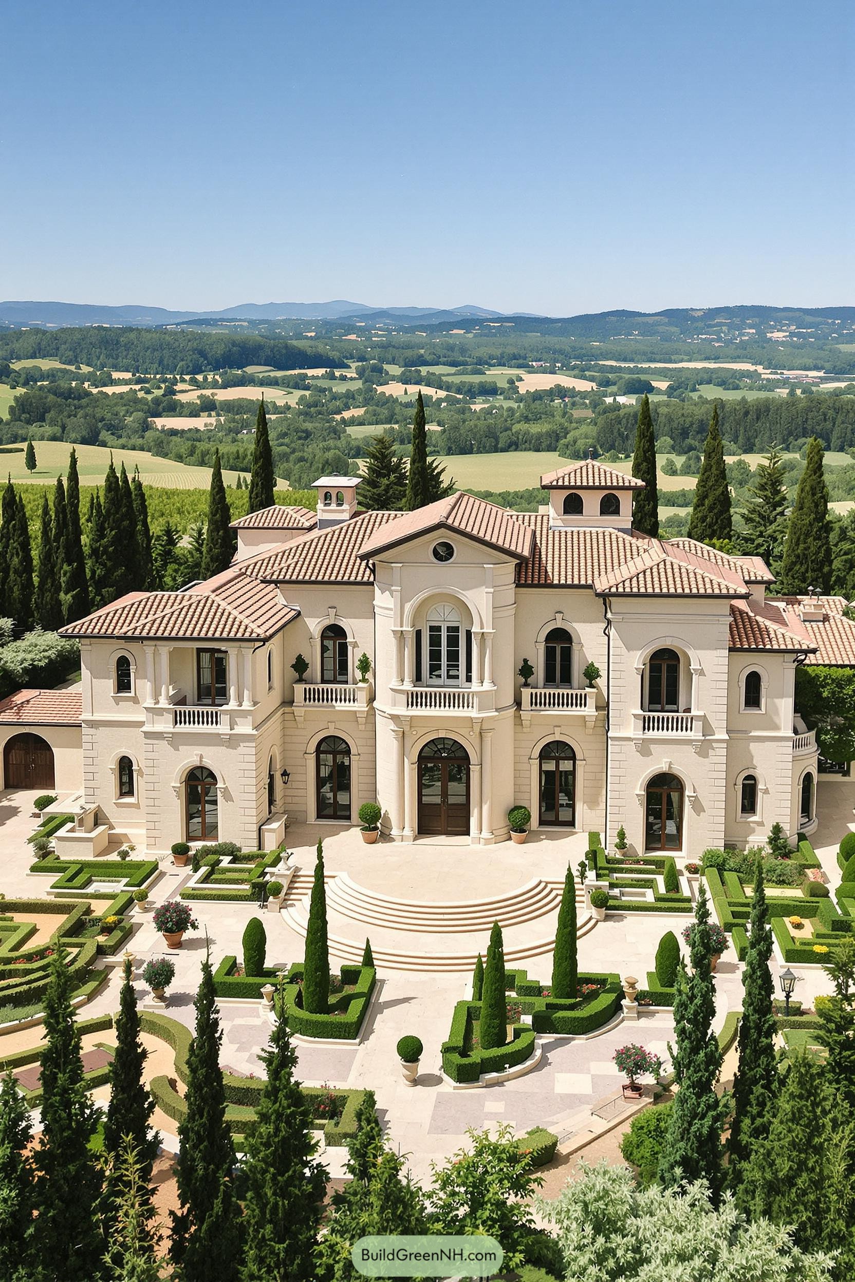 Grand Tuscan mansion with manicured gardens and scenic landscape