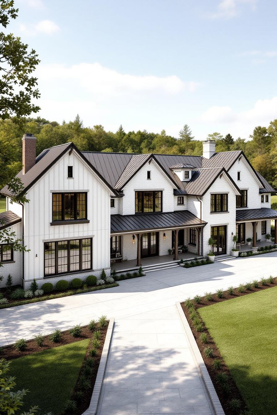 Large farmhouse with black roof and white walls